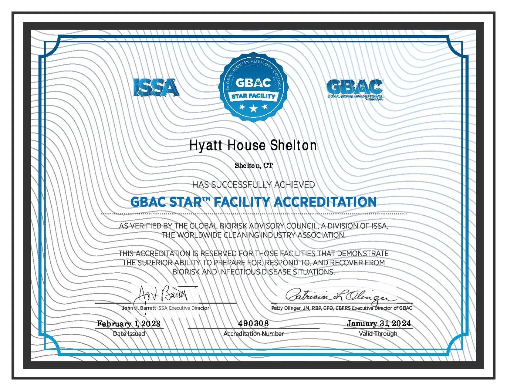 Certificate/Award in HYATT House Shelton