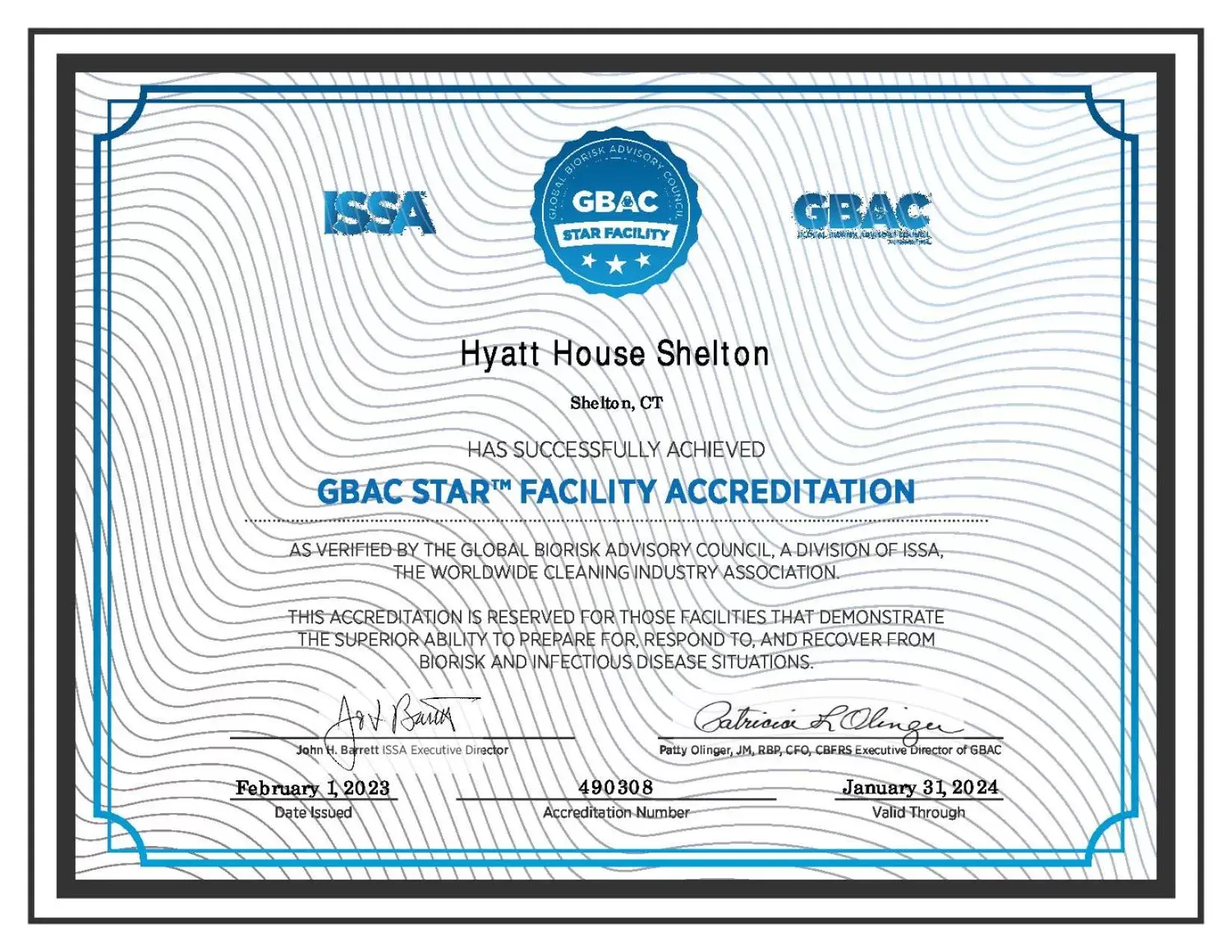 Certificate/Award in HYATT House Shelton