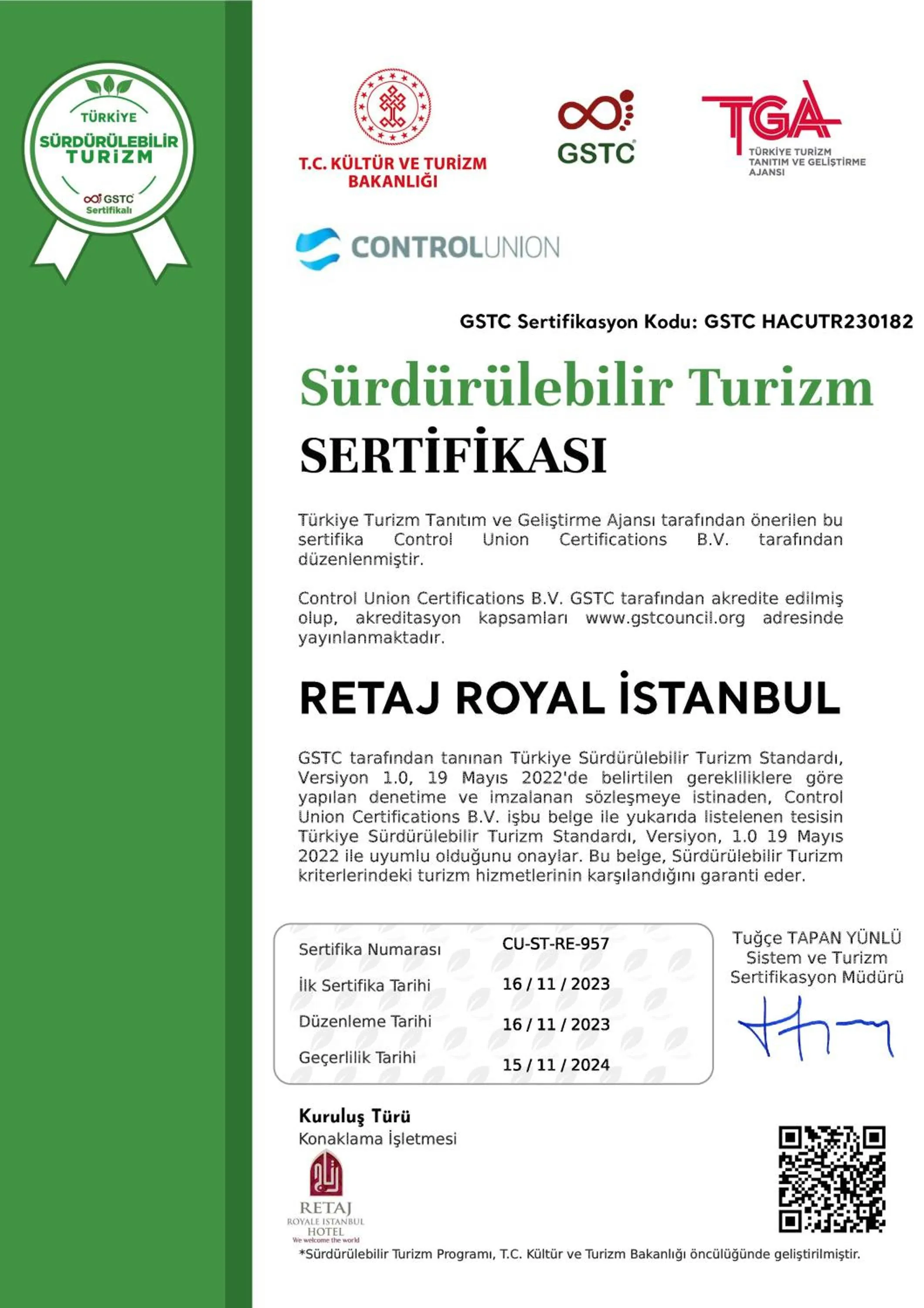 Certificate/Award in Rotta Hotel Istanbul