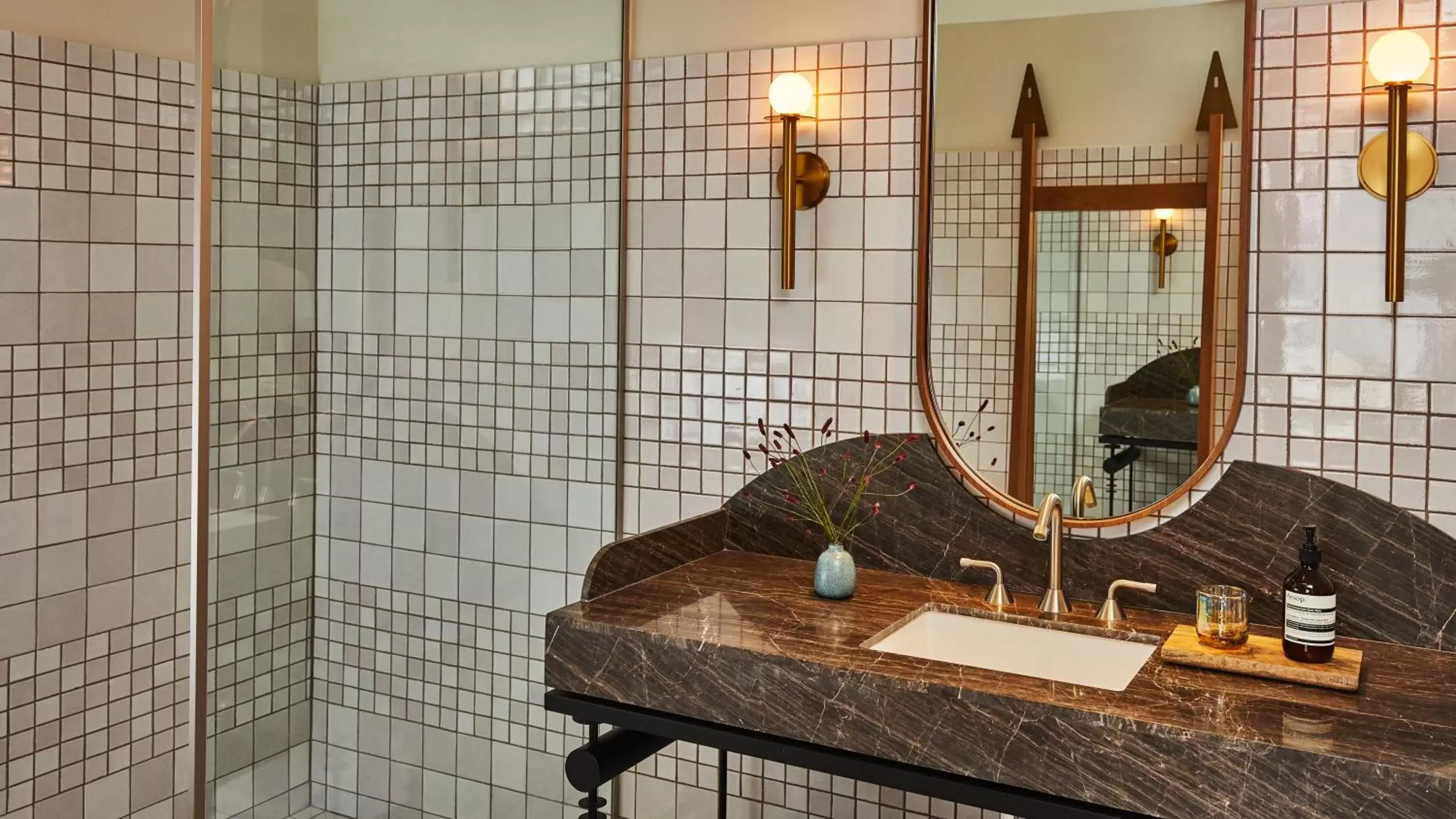 Shower, Bathroom in Downtown Los Angeles Proper Hotel, a Member of Design Hotels