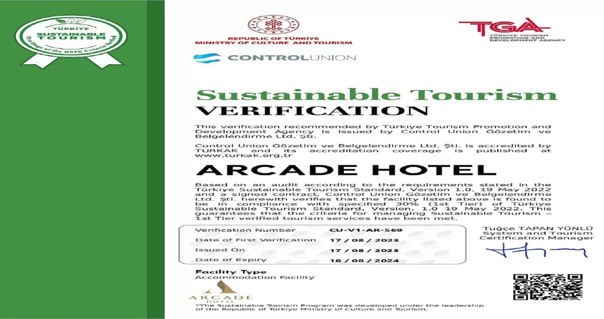 Certificate/Award in Arcade Hotel & SPA Nisantasi