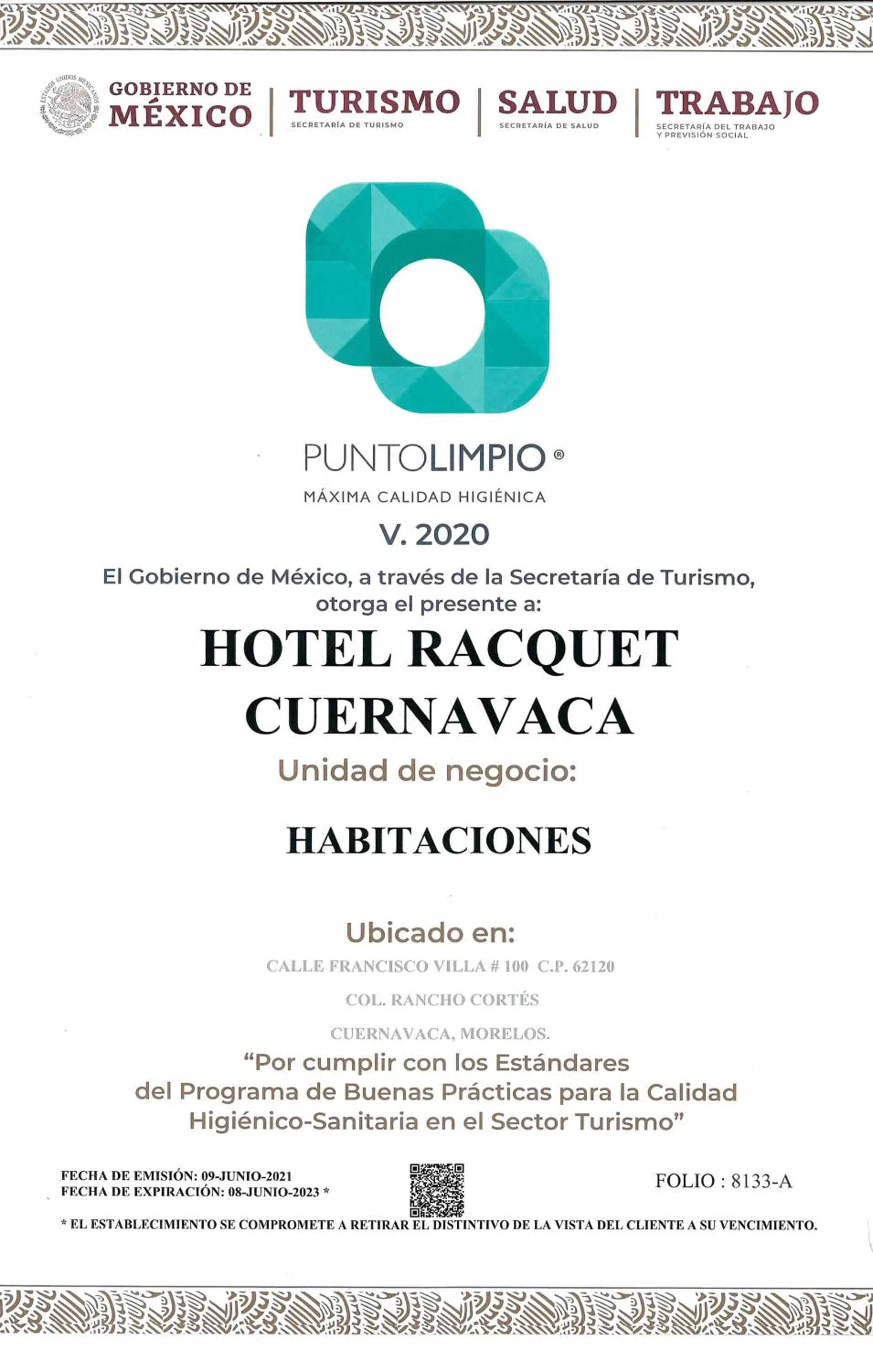 Certificate/Award in Hotel Racquet Cuernavaca