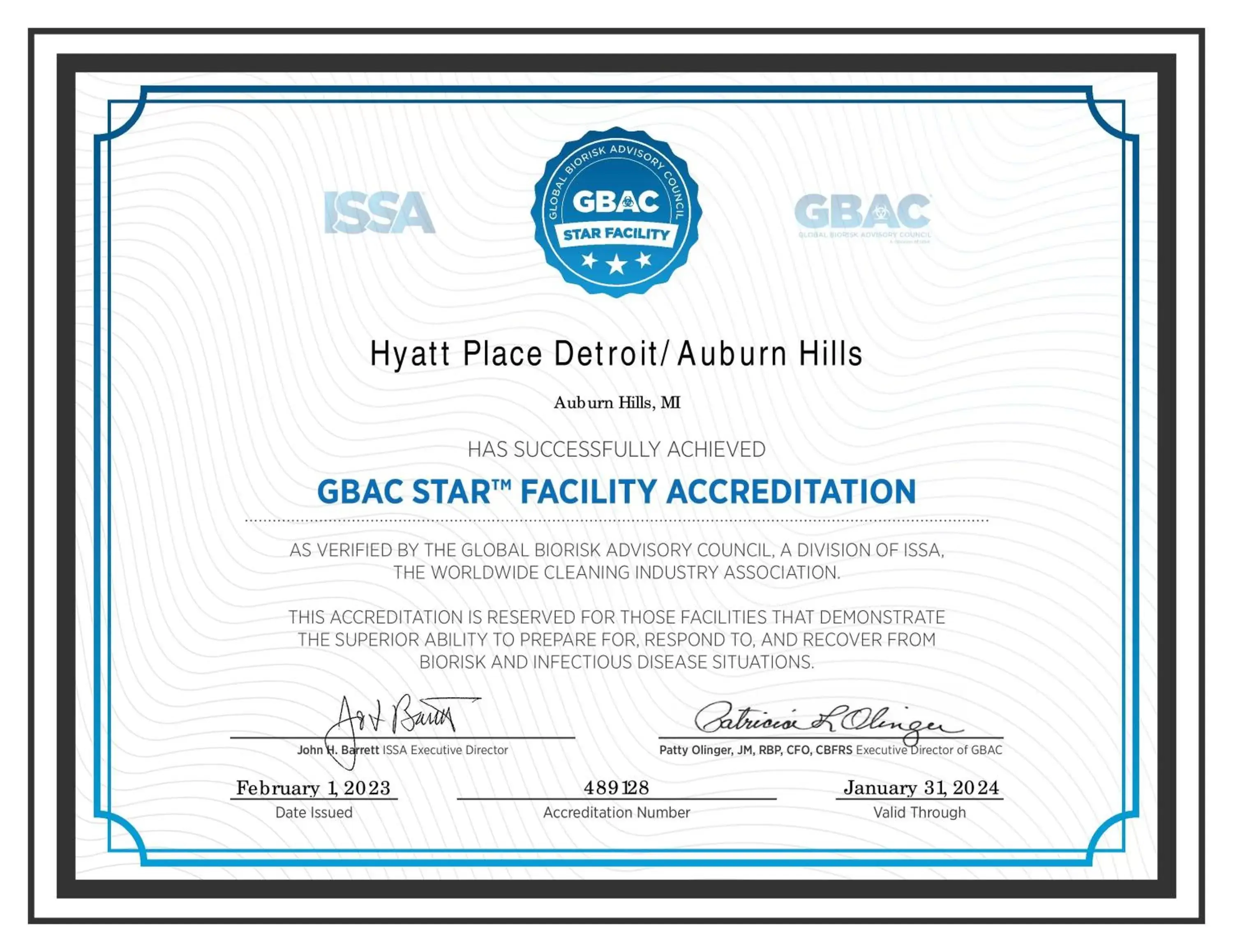 Certificate/Award in Hyatt Place Detroit/Auburn Hills