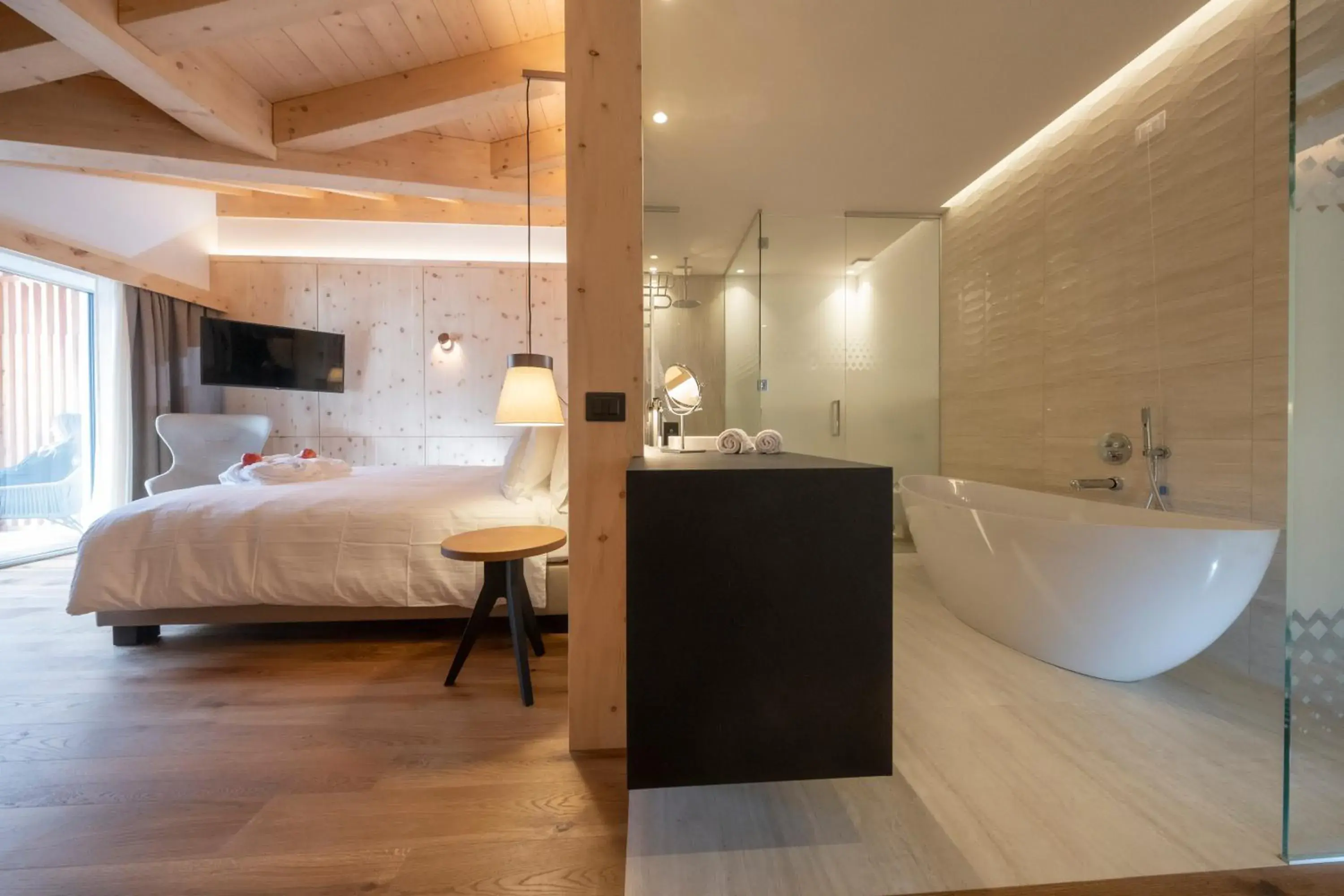 Bed, Bathroom in Ciampedie Luxury Alpine Spa Hotel