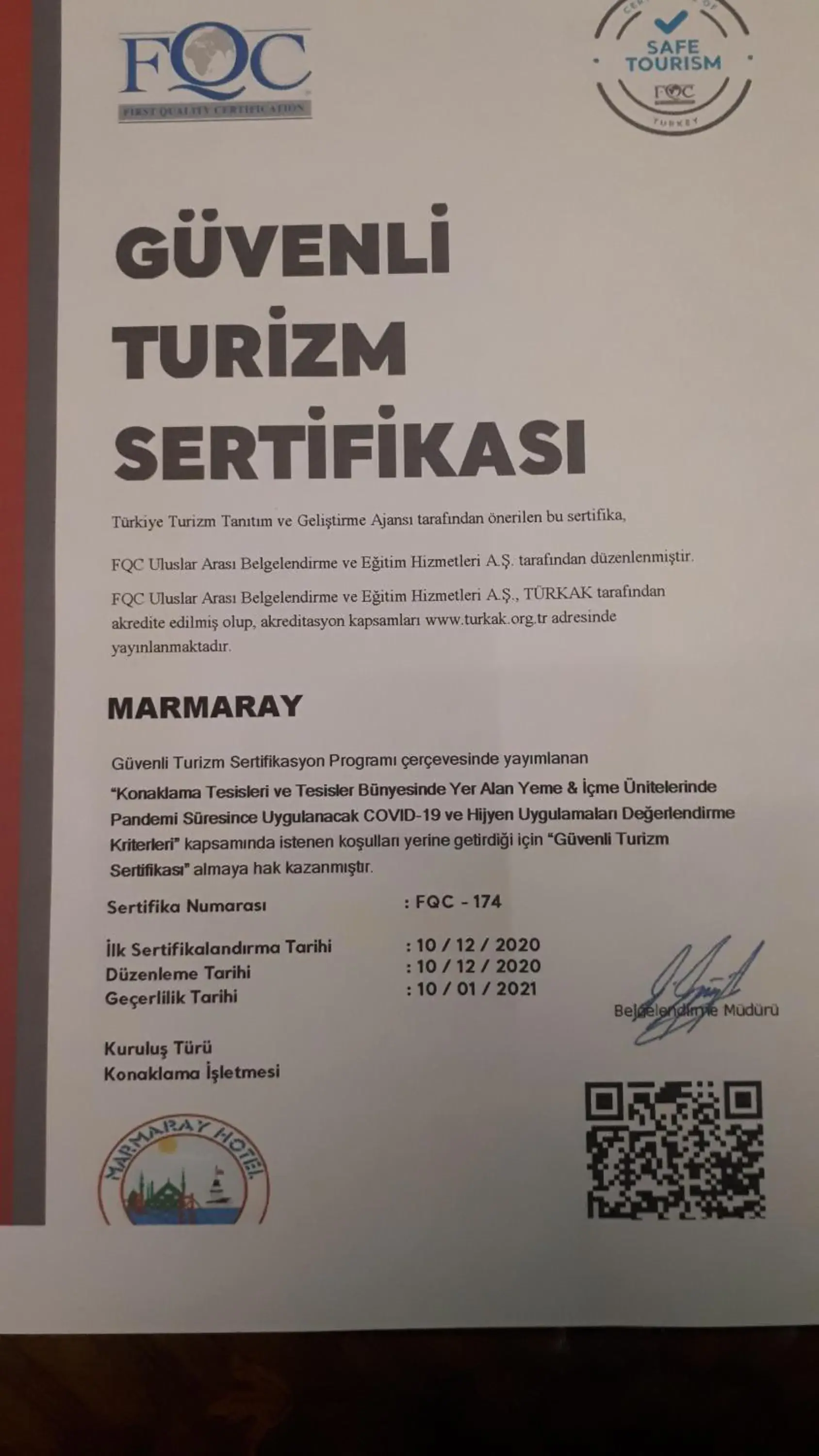 Certificate/Award in Marmaray Hotel