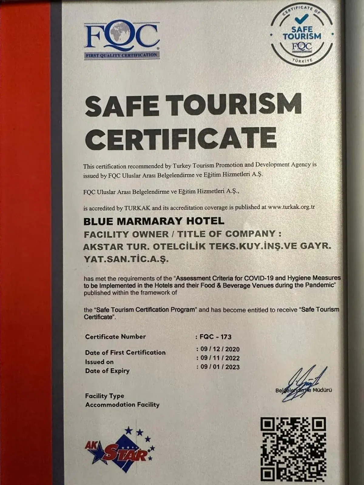 Certificate/Award in Laleli Blue Marmaray Hotel