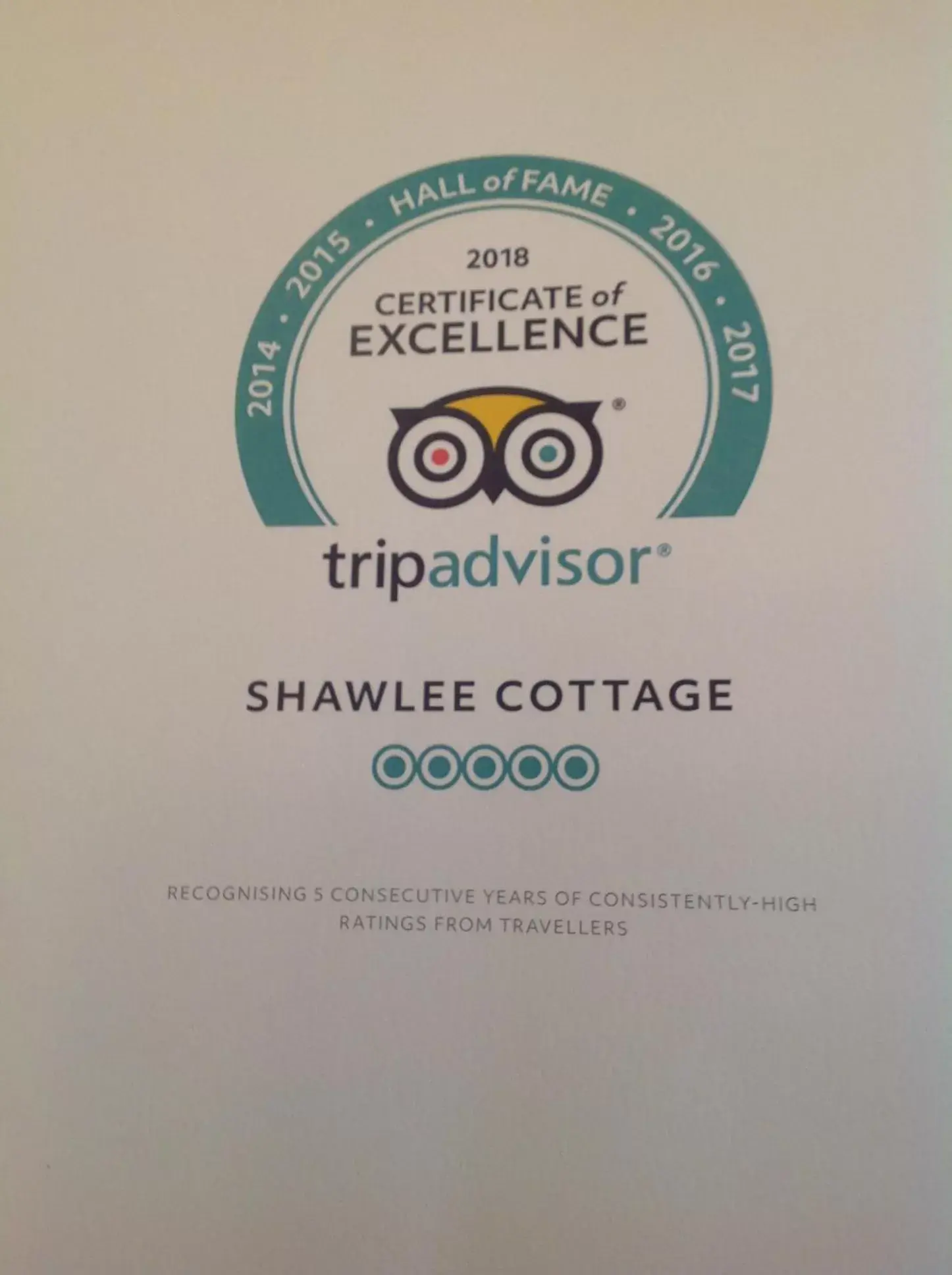 Certificate/Award in Shawlee Cottage