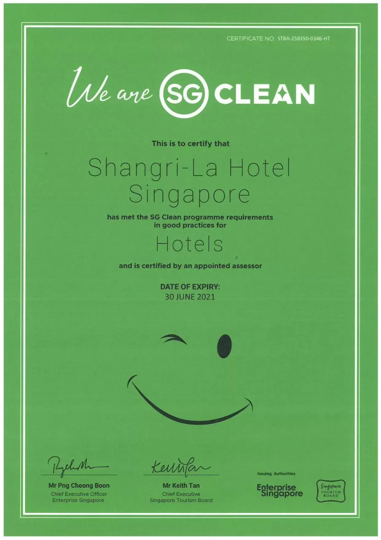 Certificate/Award in Shangri-La Singapore