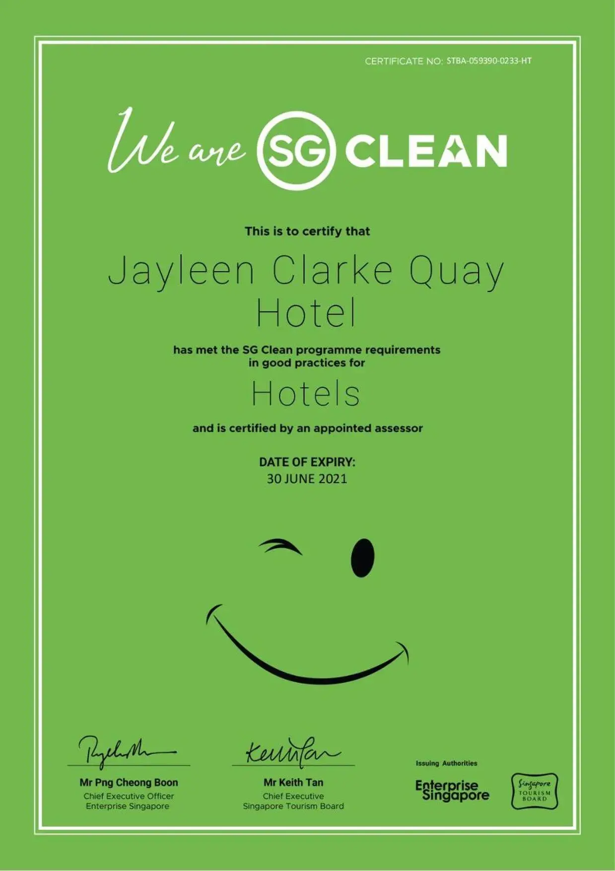Logo/Certificate/Sign in Jayleen Clarke Quay Hotel