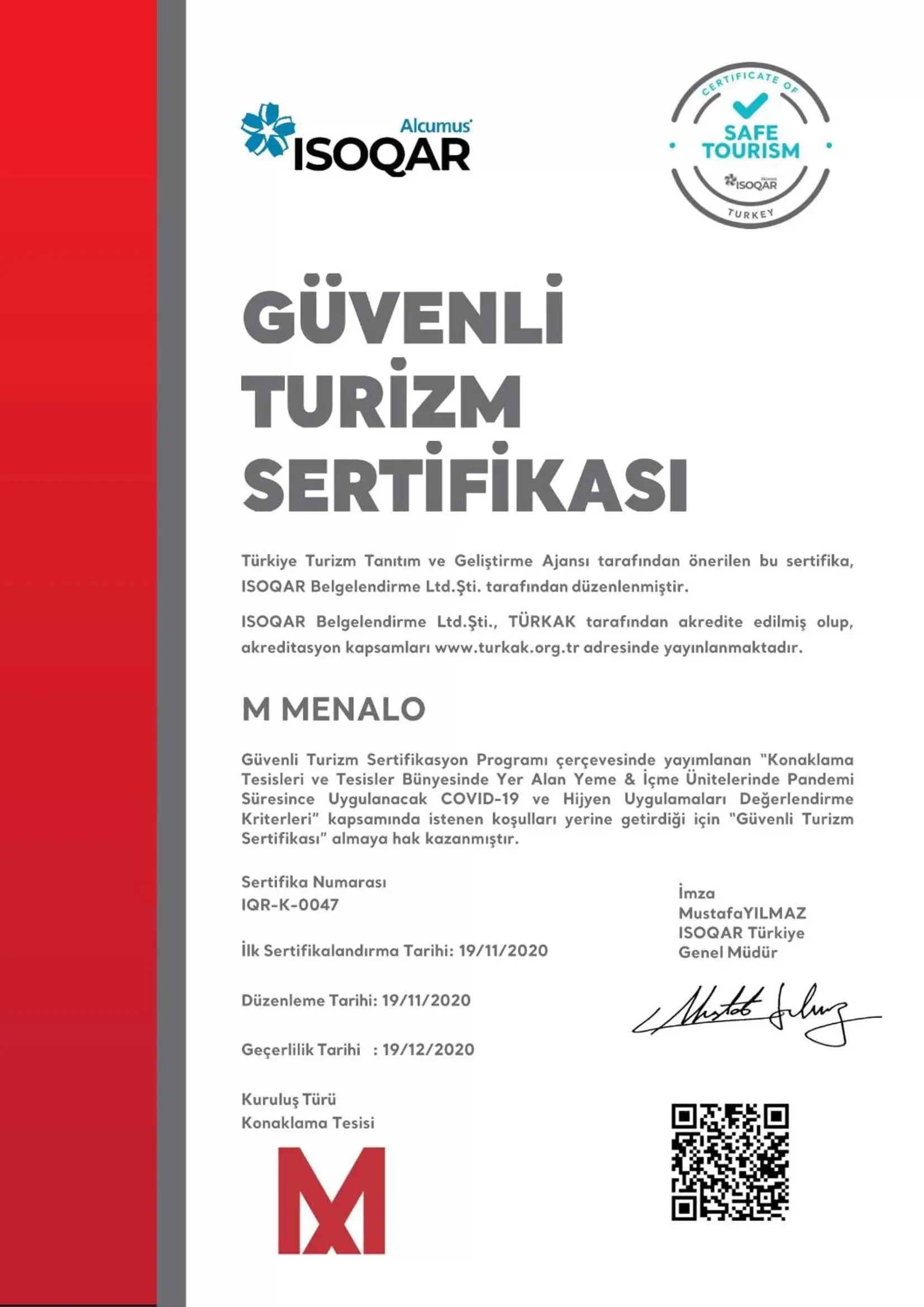 Certificate/Award in MENALO HOTEL PREMIUM ISTANBUL AIRPORT