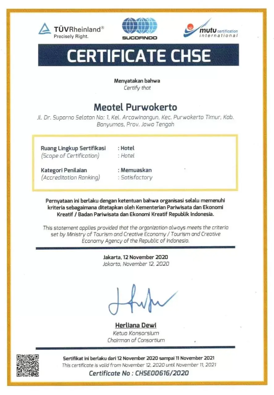 Certificate/Award in Meotel Purwokerto