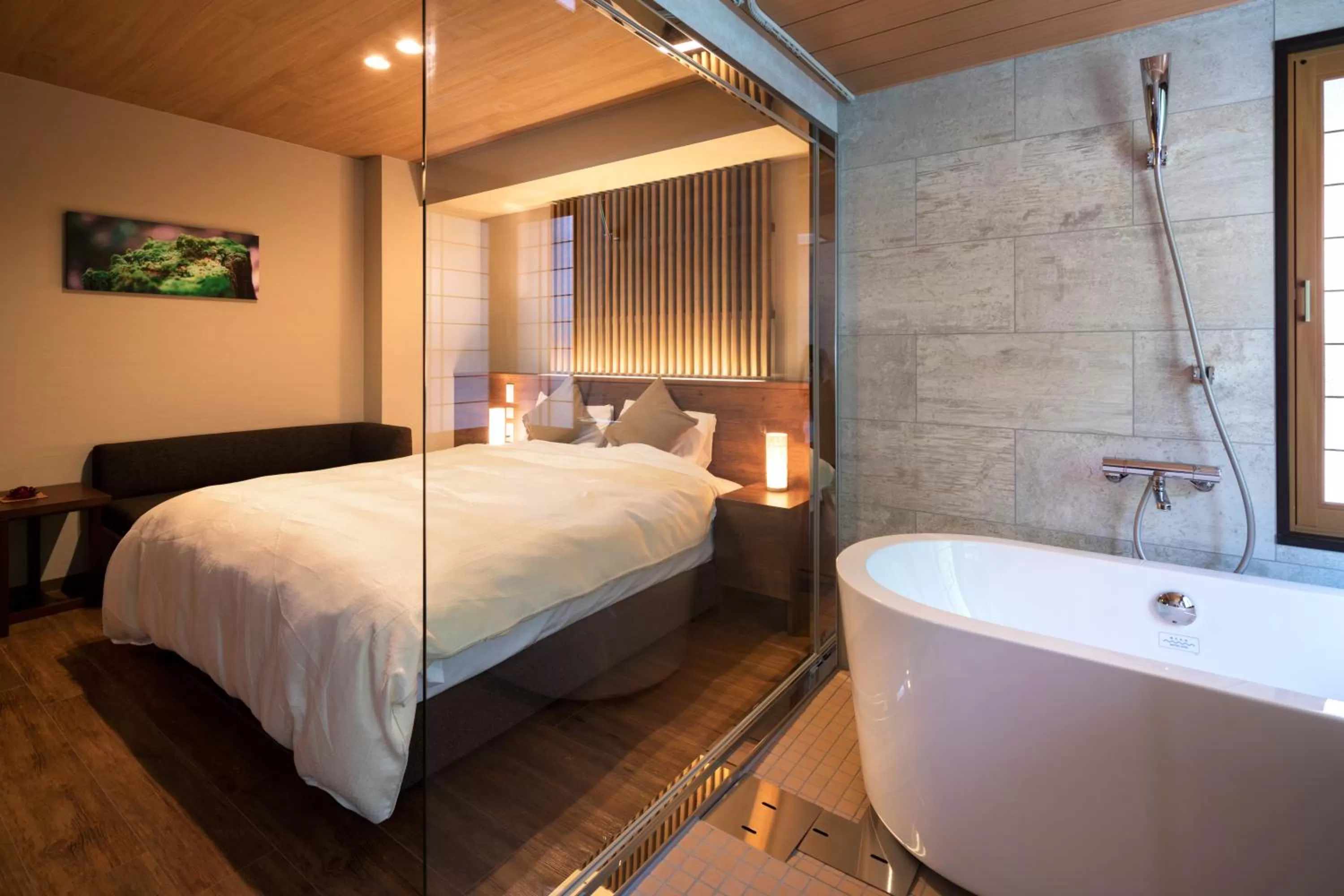 Bathroom, Bed in Hotel Miyajima Villa