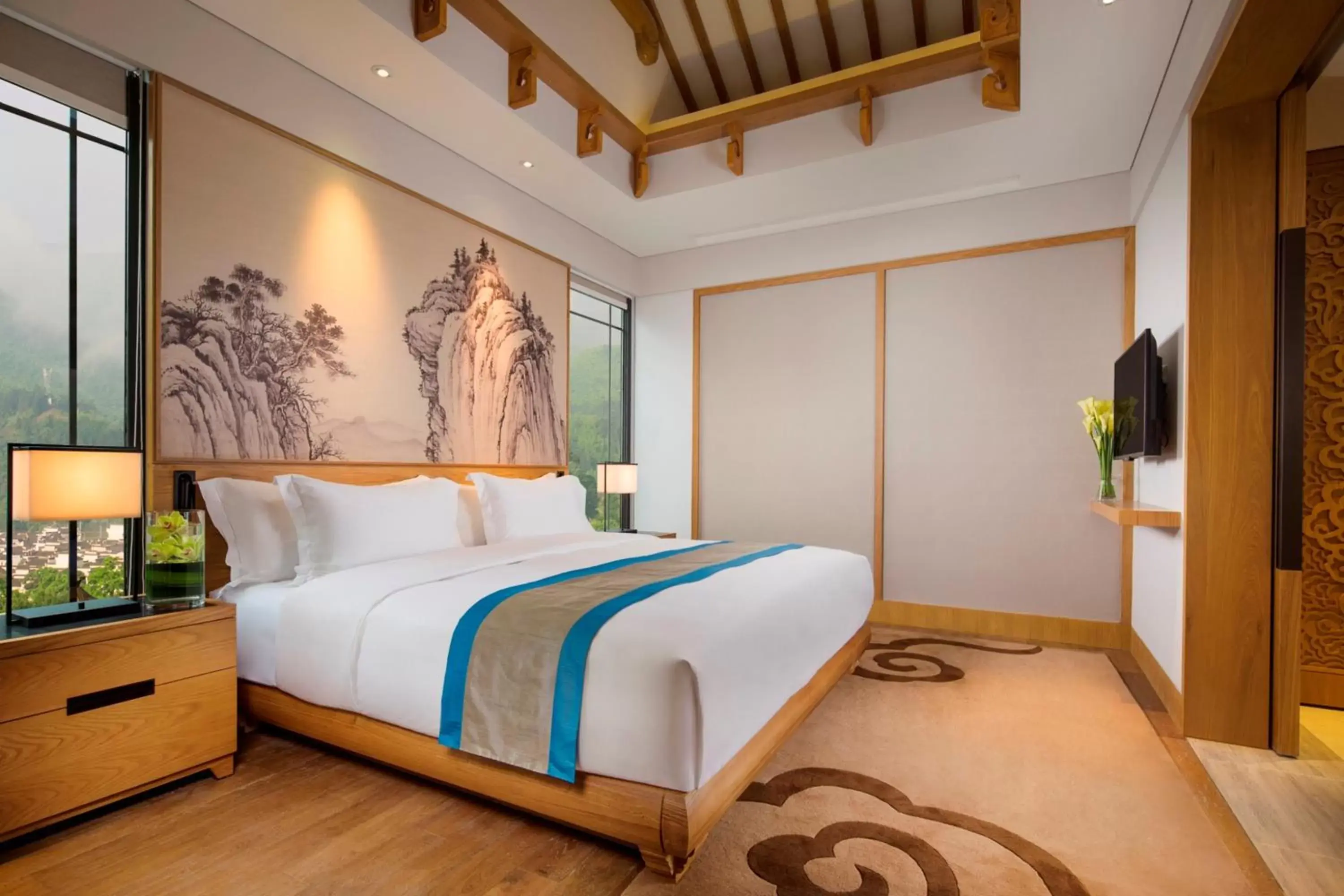 Decorative detail, Bed in Banyan Tree Hotel Huangshan-The Ancient Charm of Huizhou, a Paradise