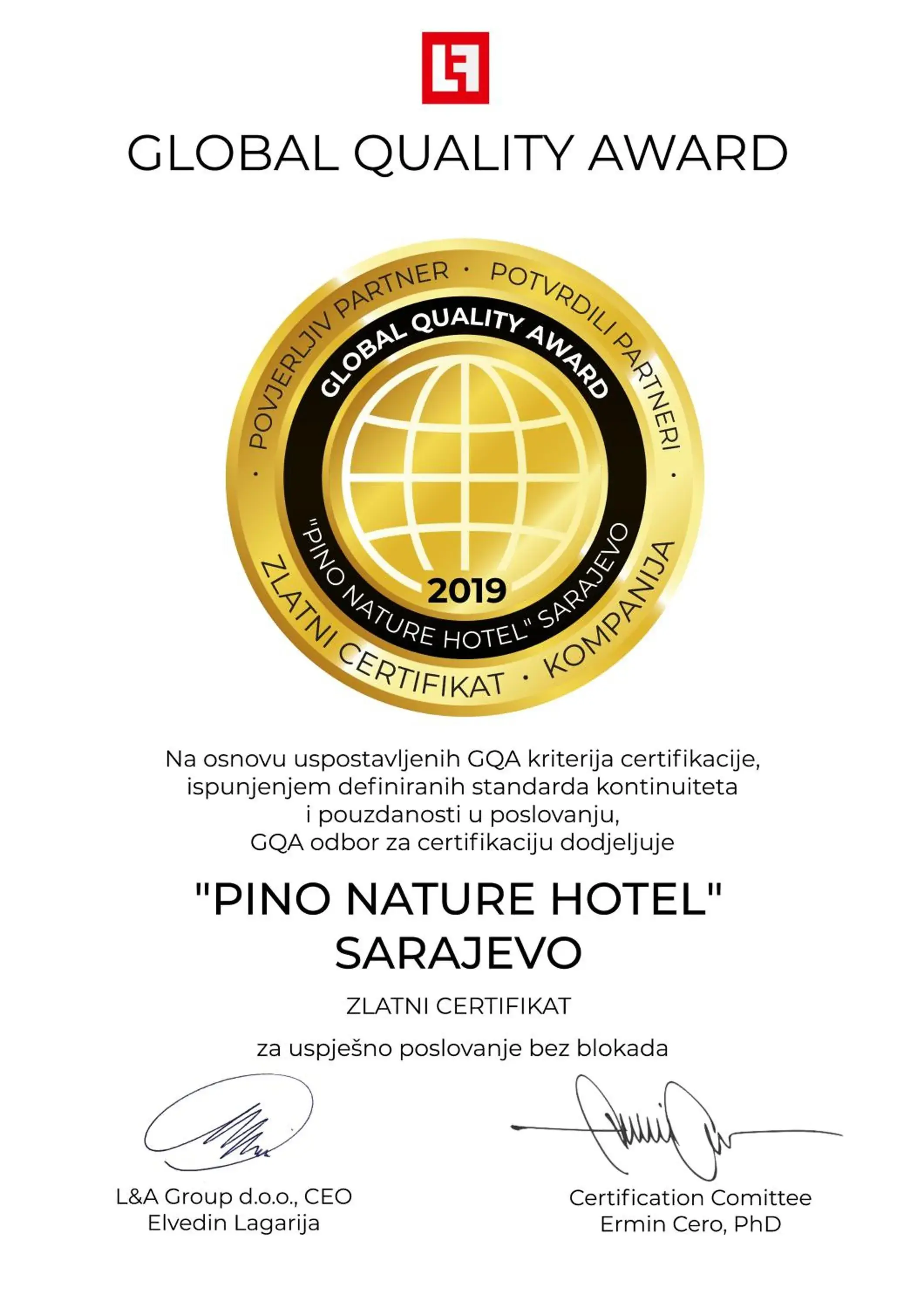 Certificate/Award in Pino Nature Hotel