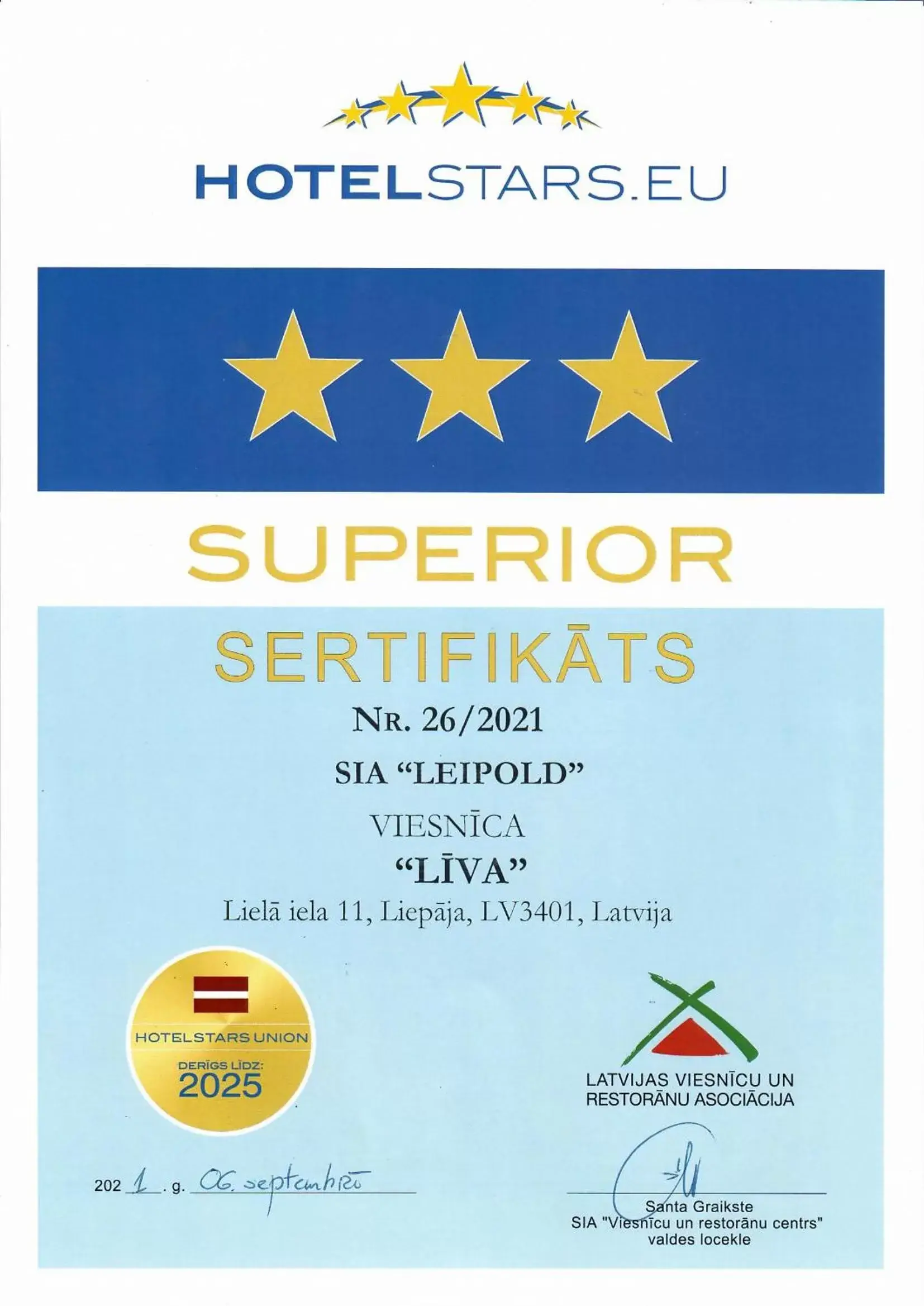 Certificate/Award in Liva Hotel