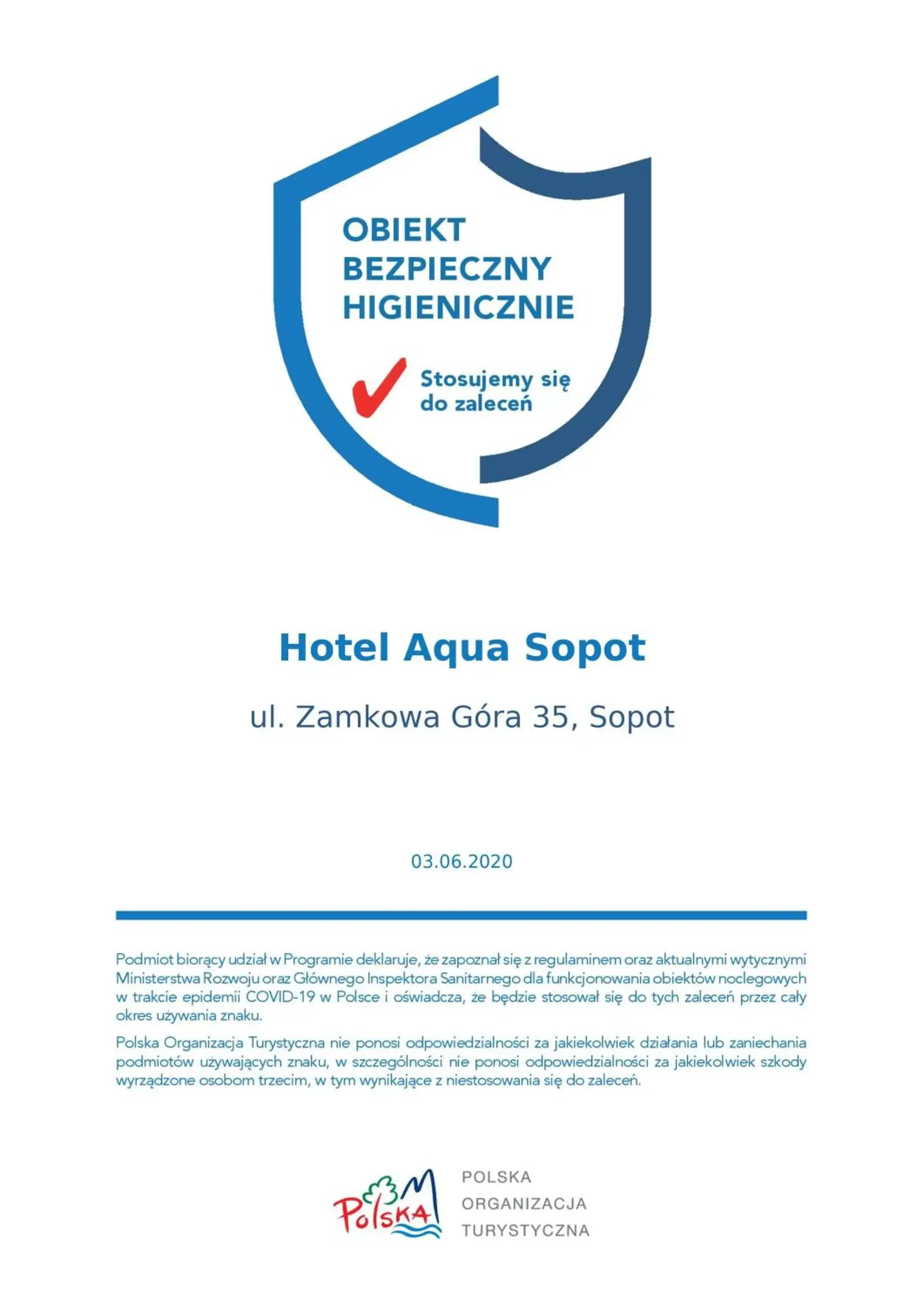 Certificate/Award in Hotel Aqua Sopot