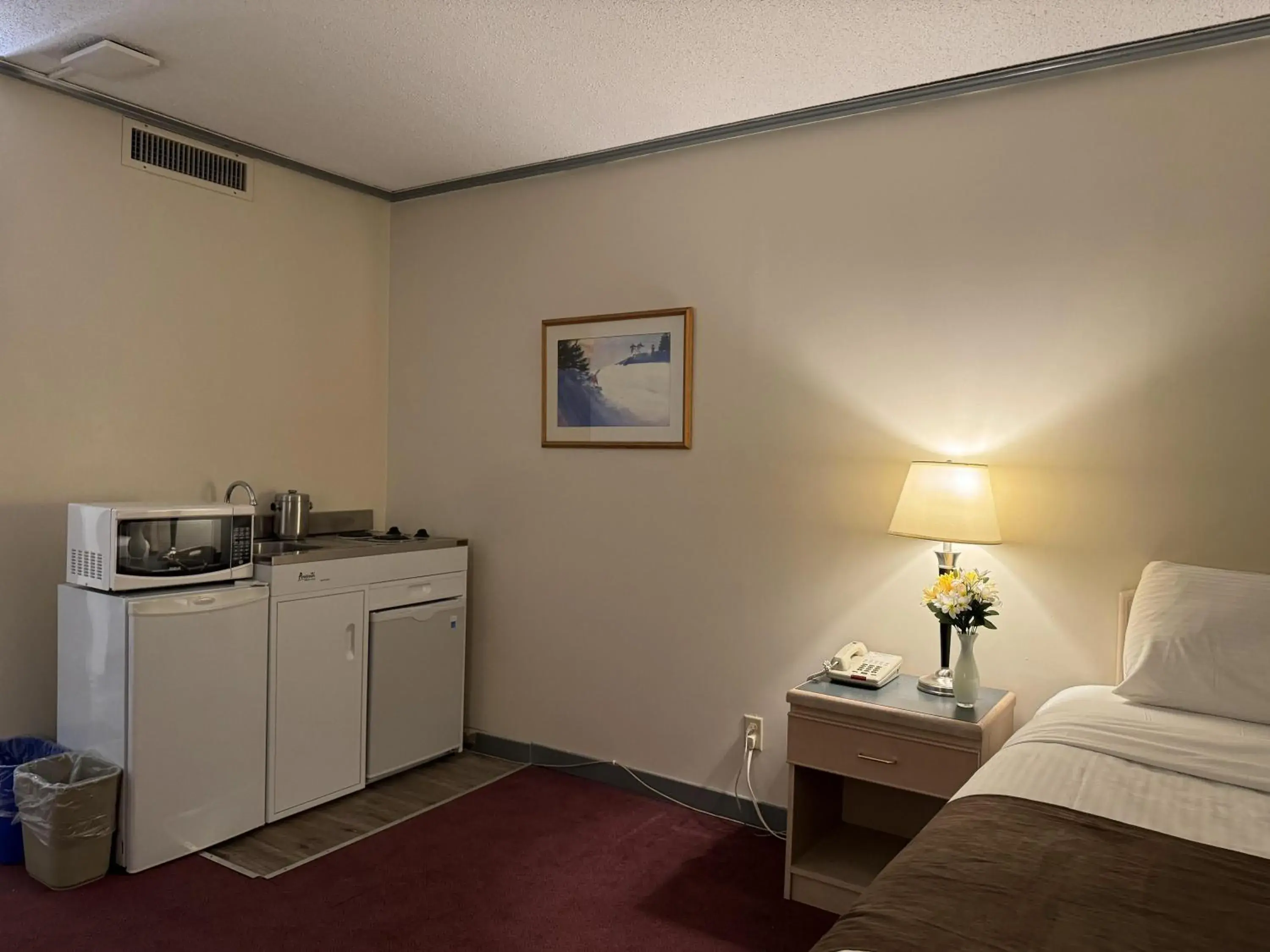 Kitchen or kitchenette, Bed in DIVYA SUTRA Riviera Plaza and Conference Centre, Vernon, BC