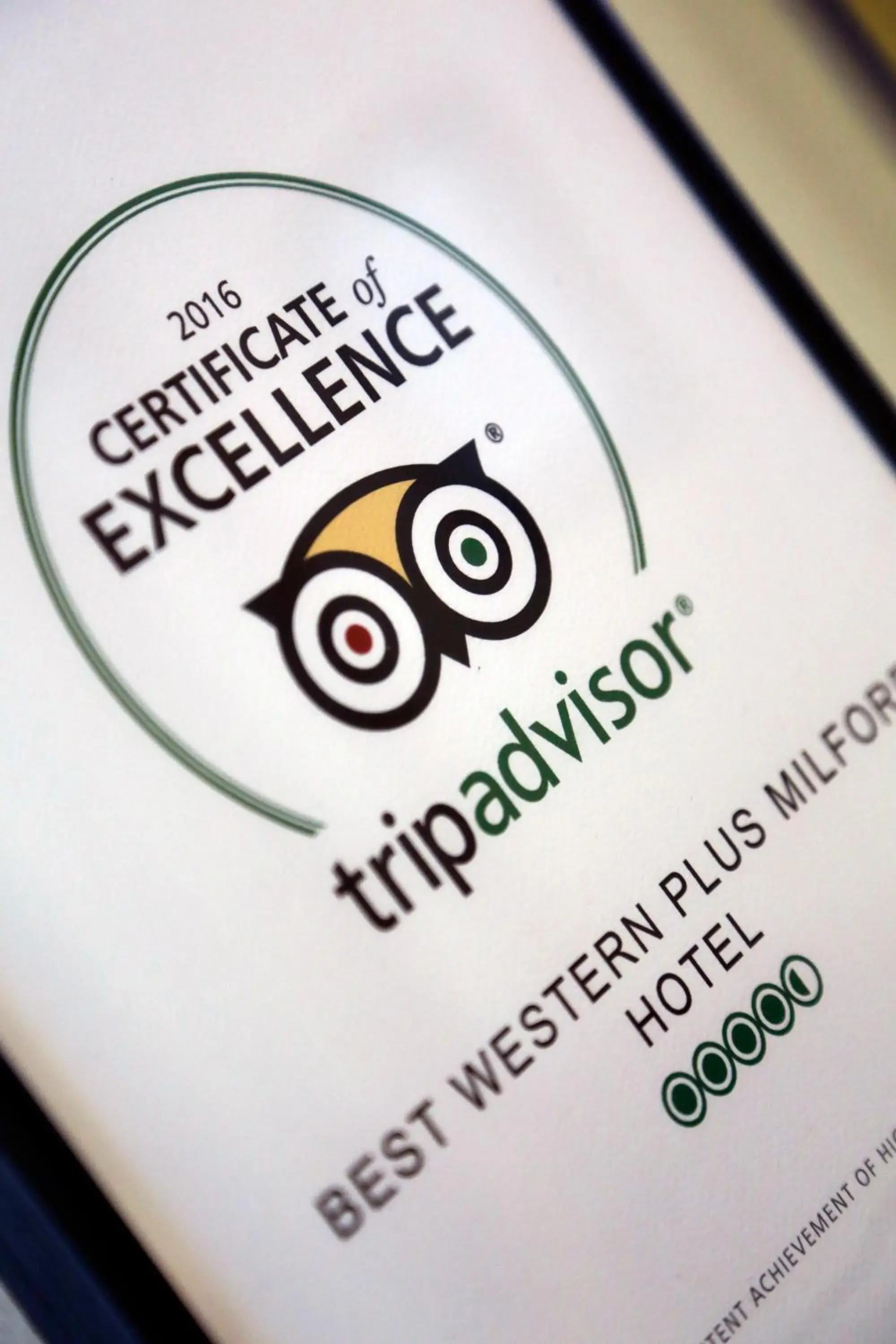 Certificate/Award in Best Western Plus Milford Hotel