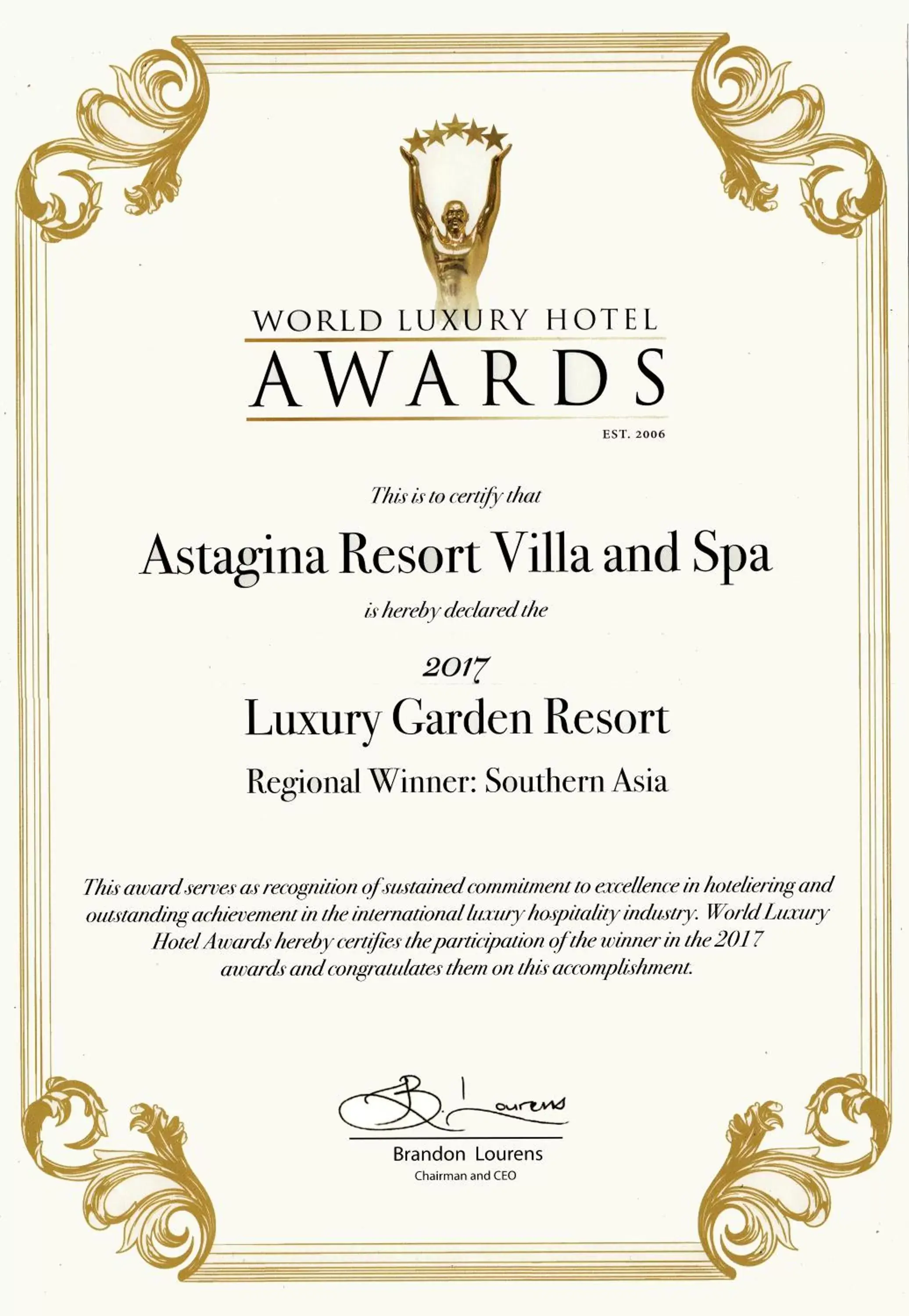 Certificate/Award in Astagina Resort Villa and Spa