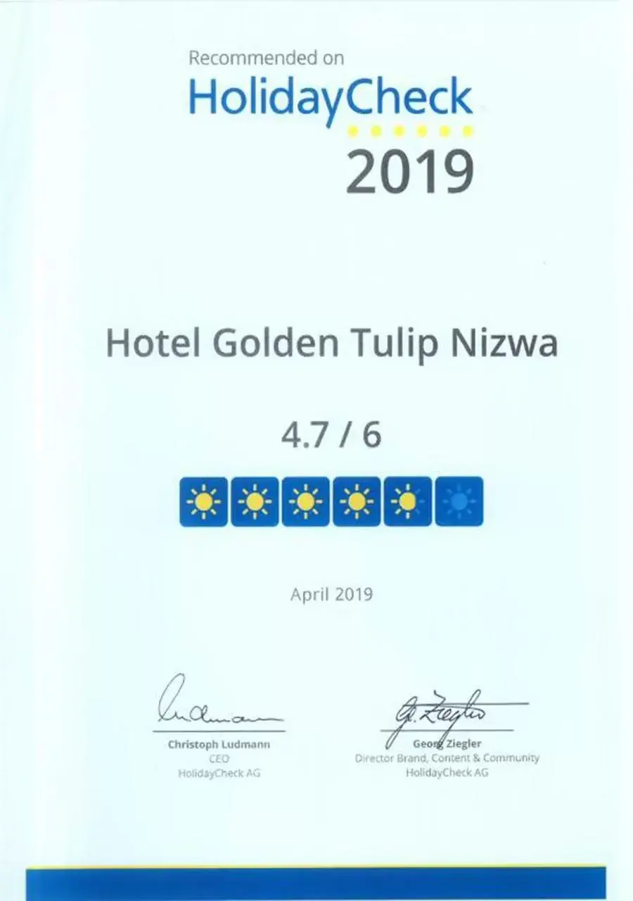 Certificate/Award in Golden Tulip Nizwa Hotel