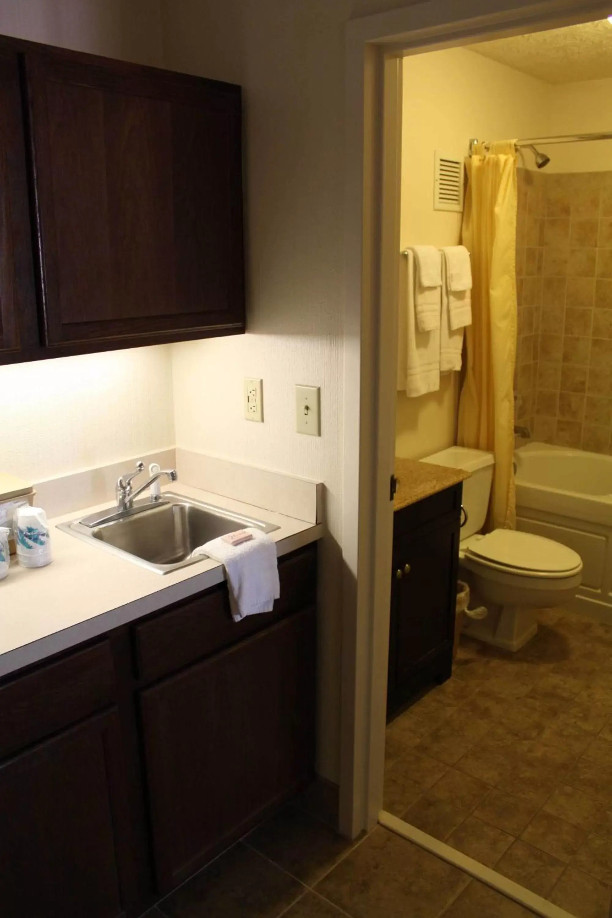 Kitchen or kitchenette, Bathroom in Bluegrass Extended Stay