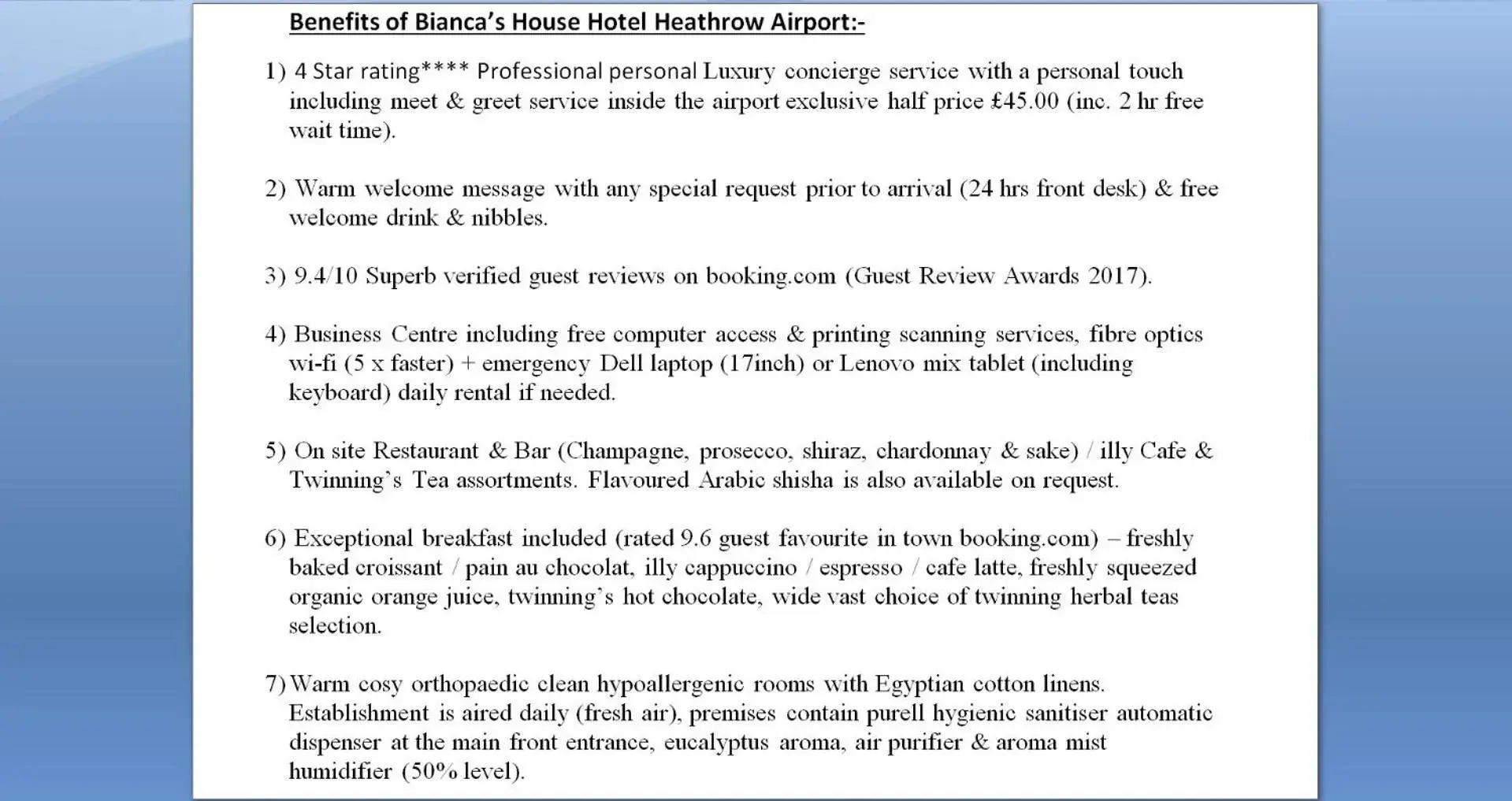 Certificate/Award in Bianca's House Hotel Heathrow Airport
