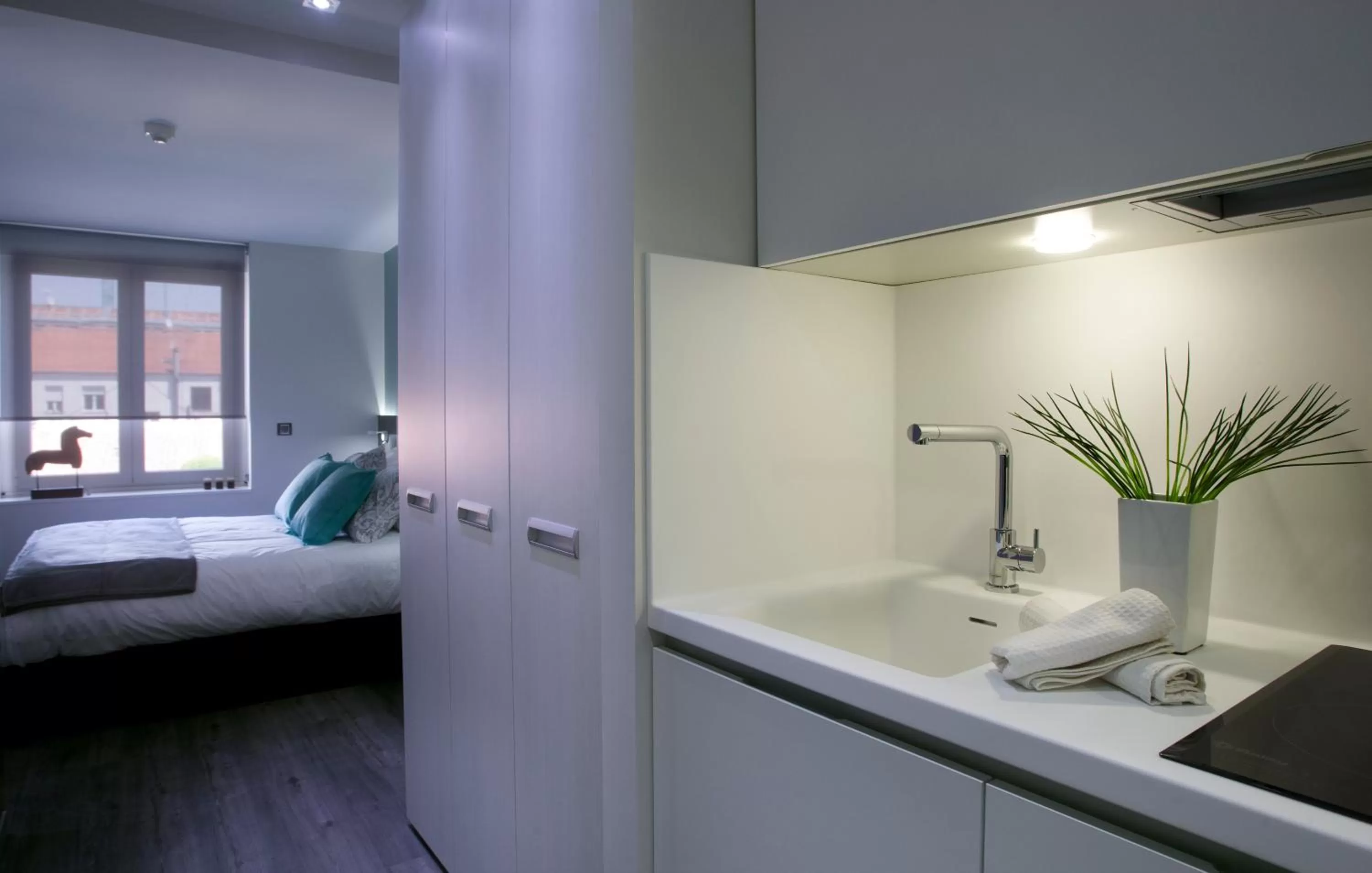 Kitchen or kitchenette, Bed in Salamanca Suite Studios