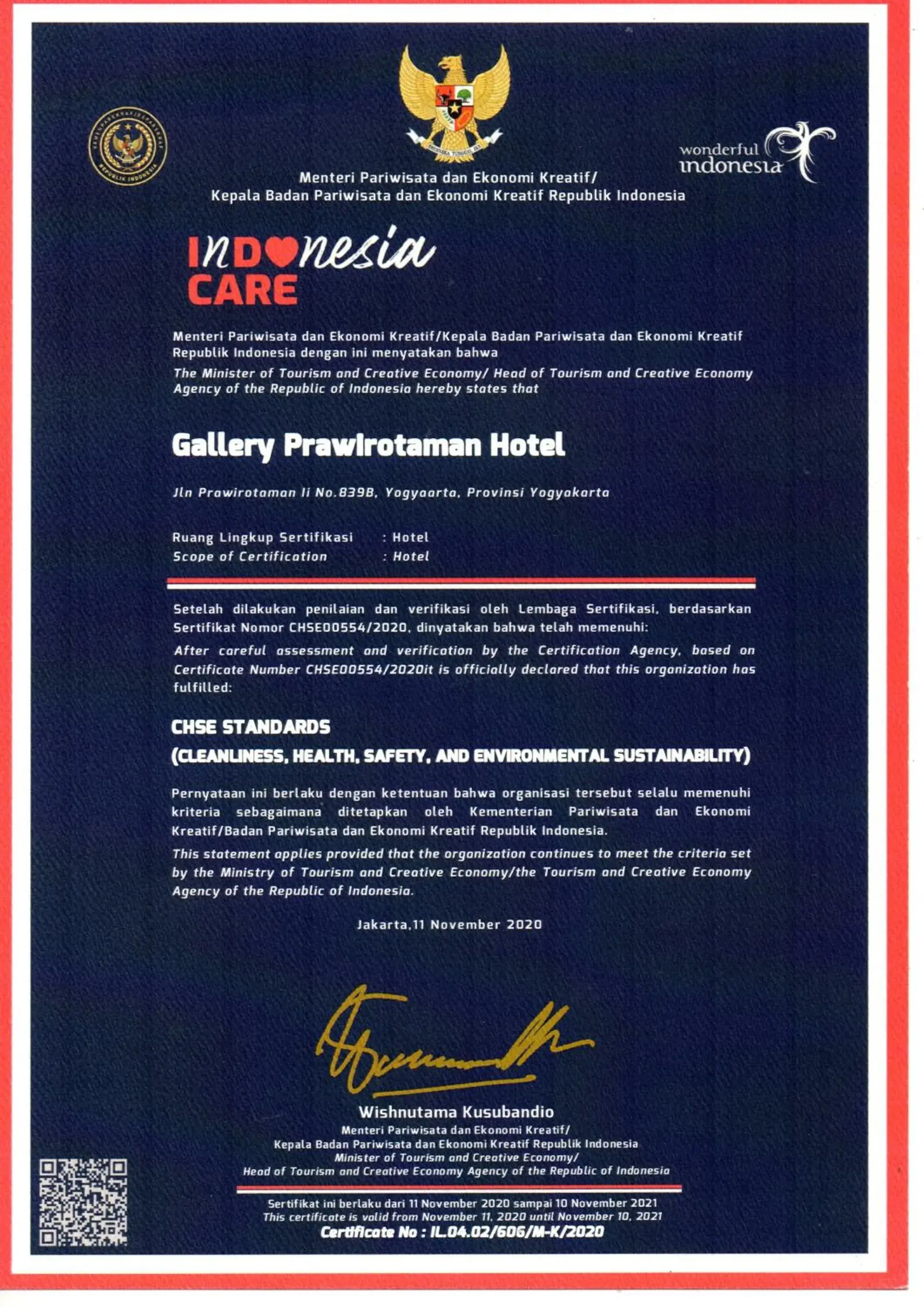 Certificate/Award in Gallery Prawirotaman Hotel