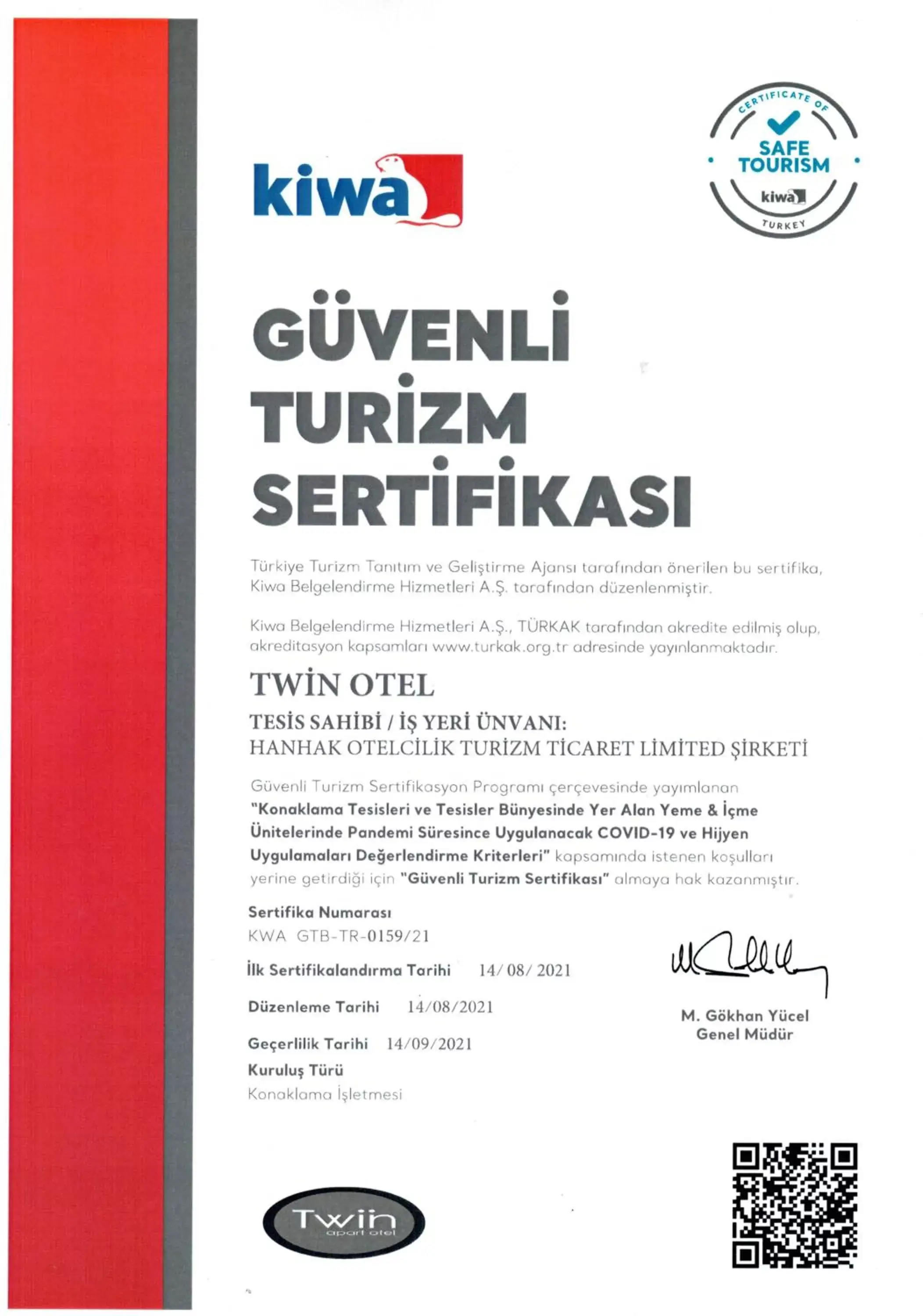 Certificate/Award in Twin Apart Hotel