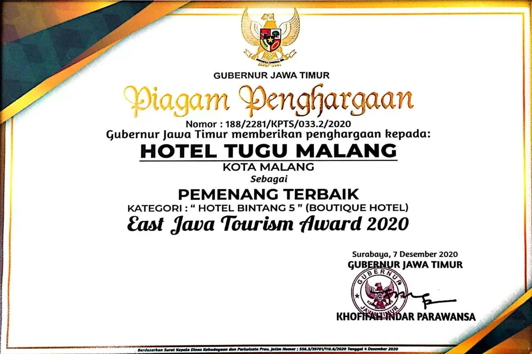 Logo/Certificate/Sign in Hotel Tugu Malang - CHSE Certified