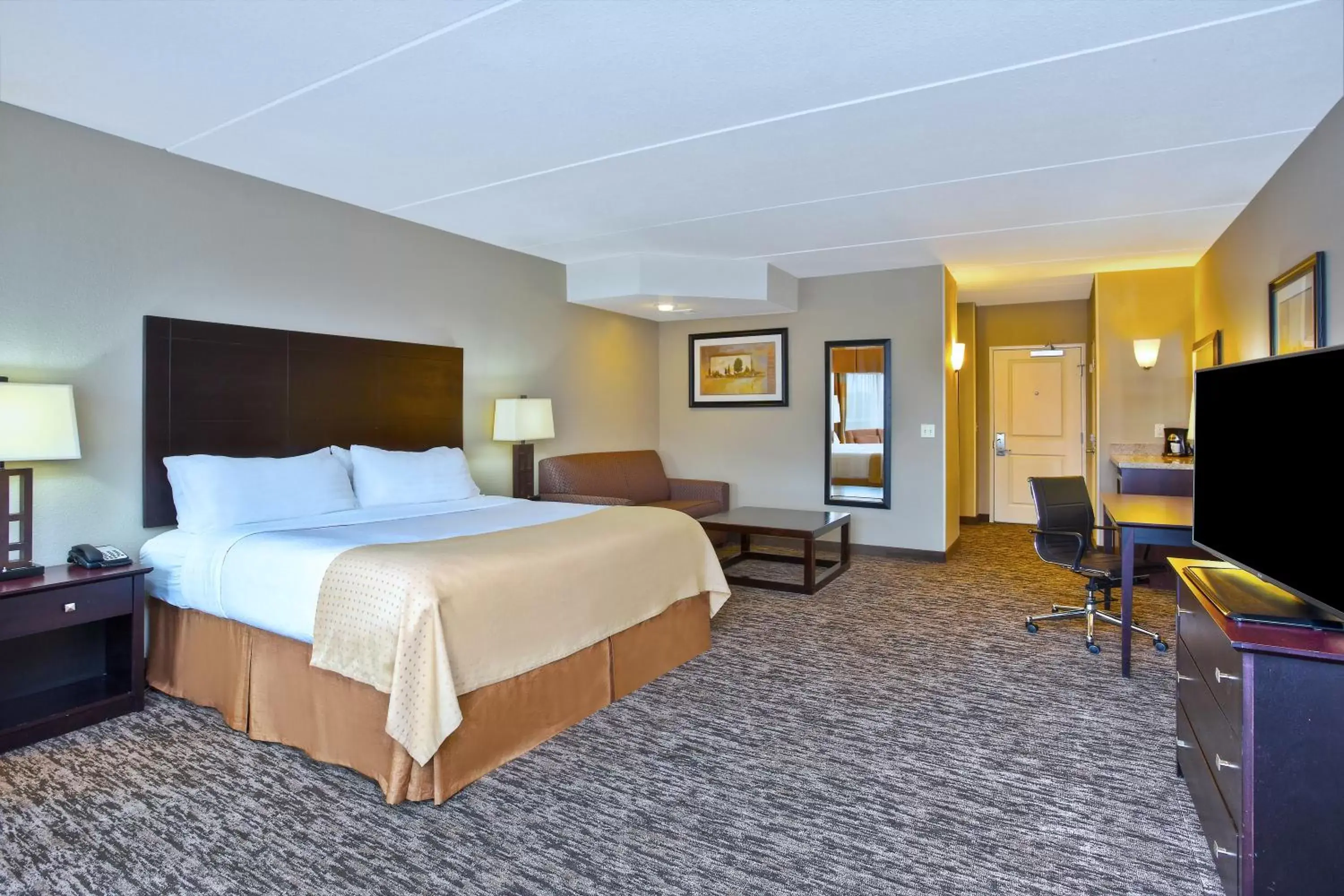 Bedroom, TV/Entertainment Center in Holiday Inn & Suites Green Bay Stadium, an IHG Hotel