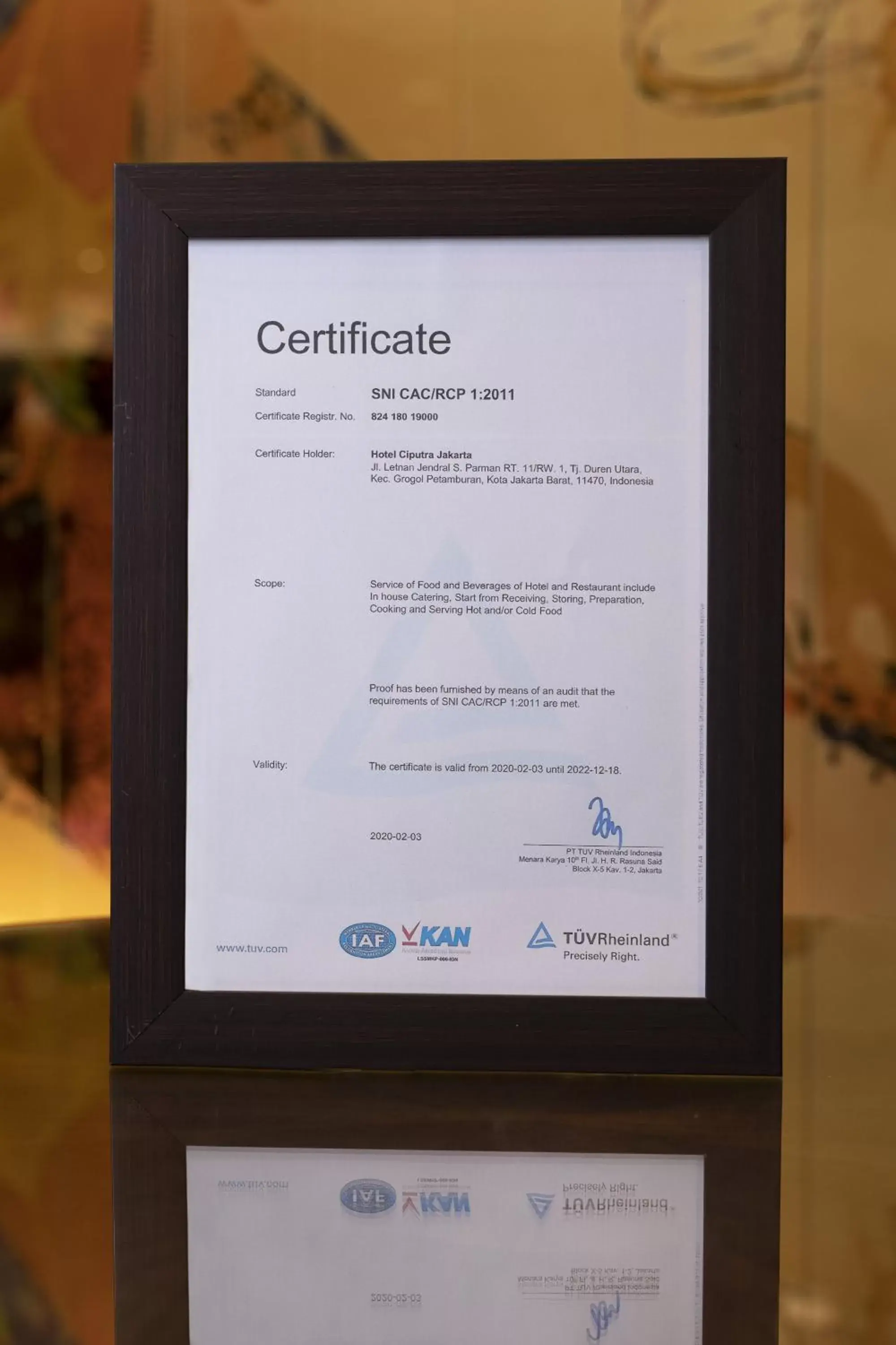 Certificate/Award in Hotel Ciputra Jakarta managed by Swiss-Belhotel International