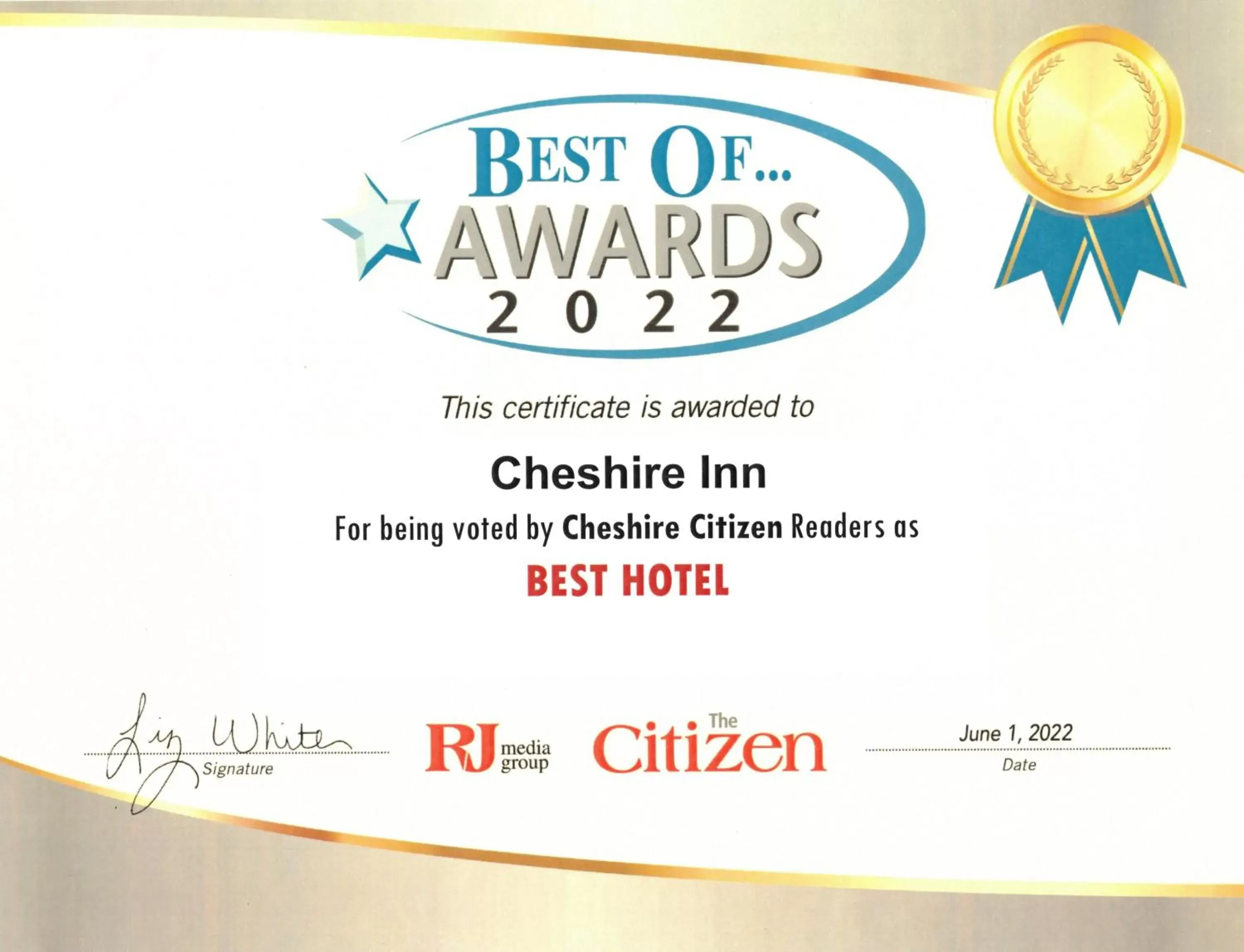 Certificate/Award in Cheshire Welcome Inn