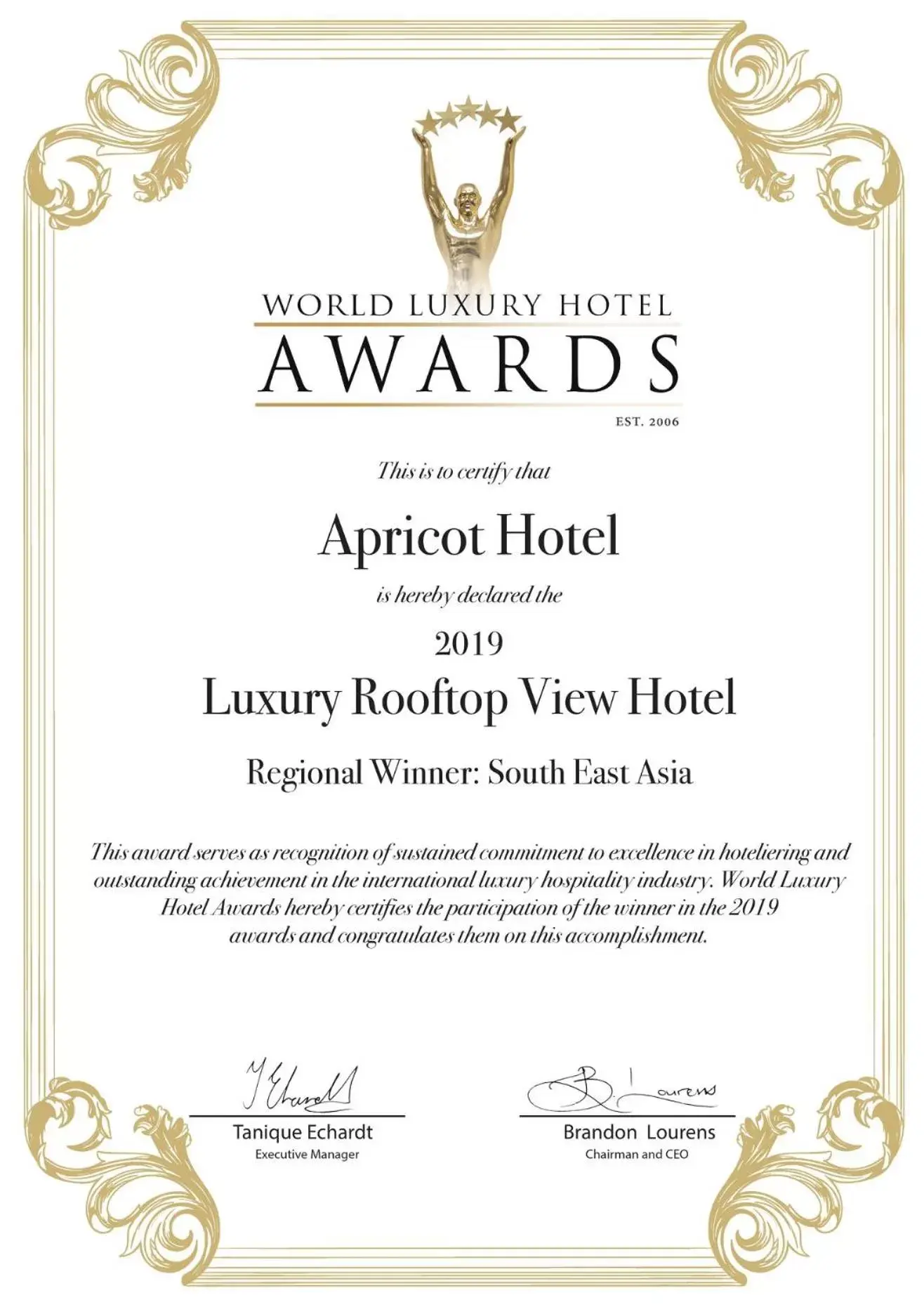 Certificate/Award, Logo/Certificate/Sign/Award in Apricot Hotel