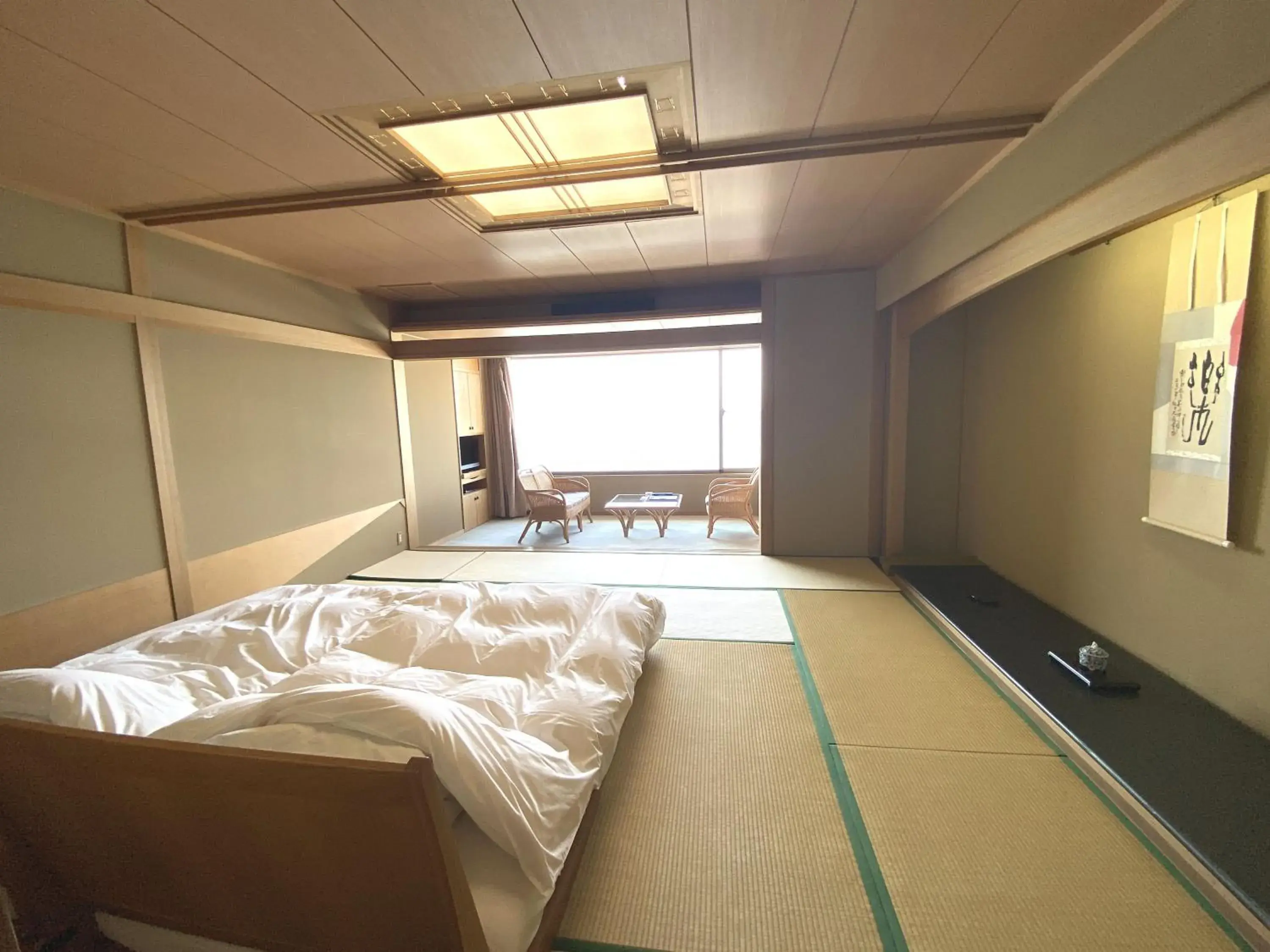 View (from property/room), Bed in Wakamatsu Hot Spring Resort