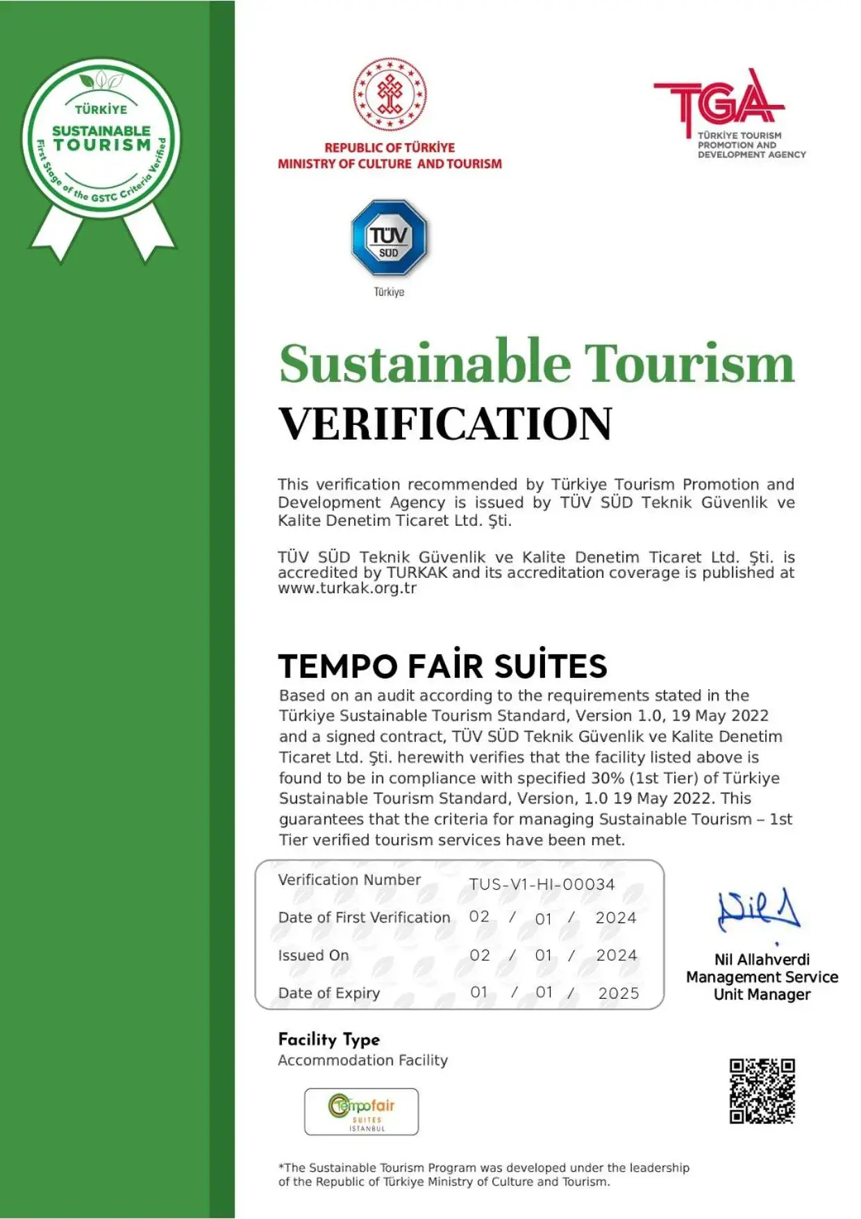 Certificate/Award in Tempo Fair Suites