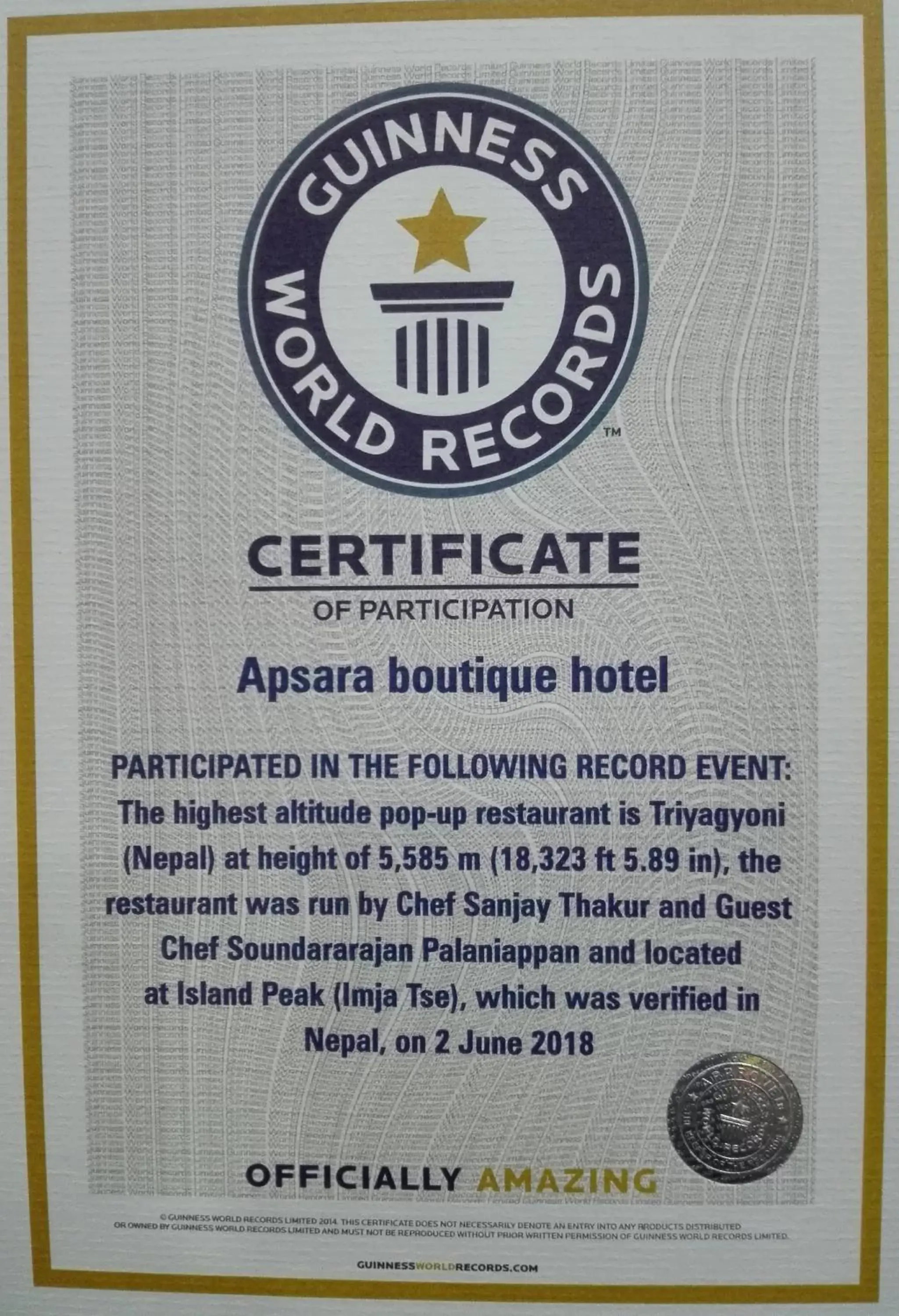 Certificate/Award in Apsara Boutique Hotel