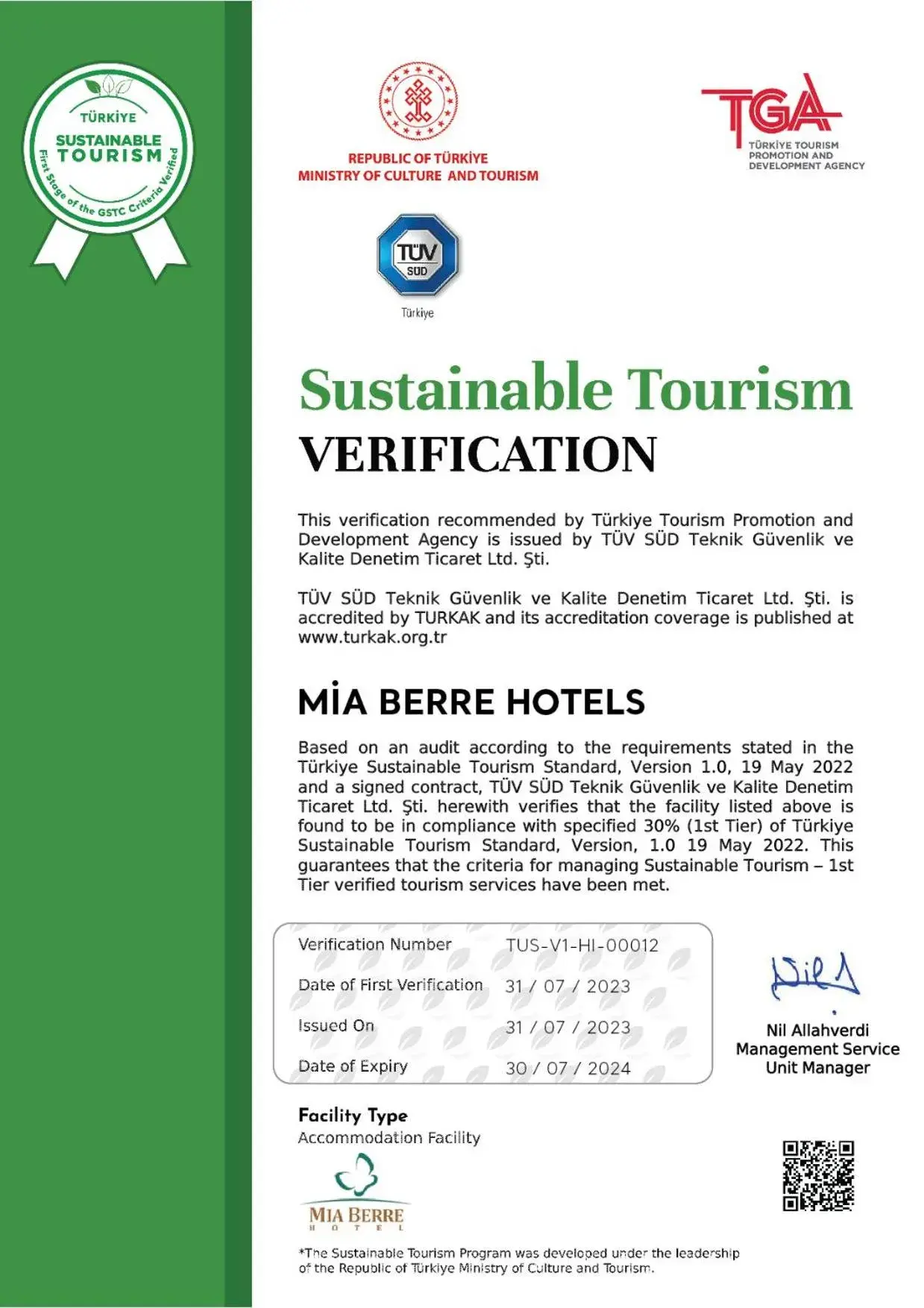Certificate/Award in Mia Berre Hotels
