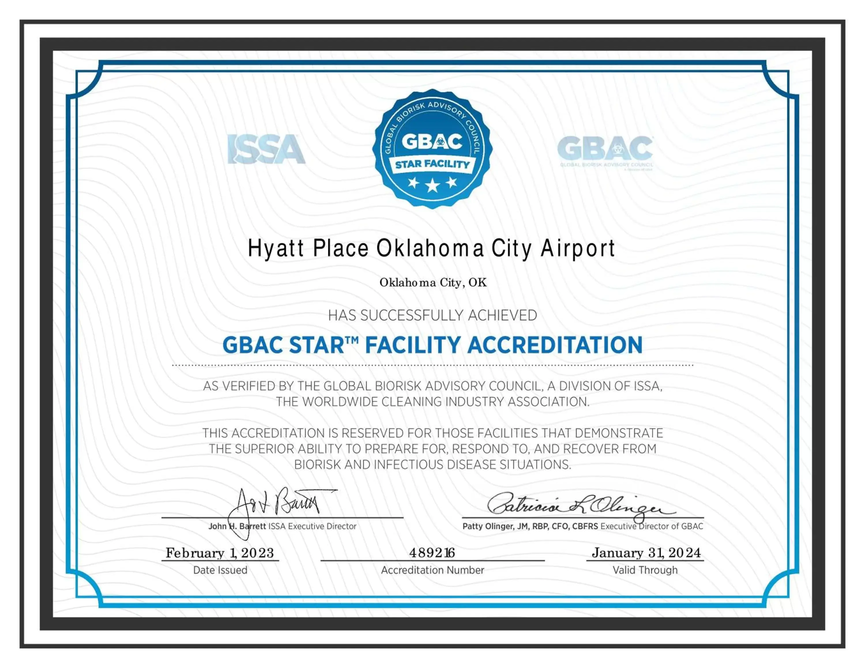 Certificate/Award in Hyatt Place Oklahoma City Airport