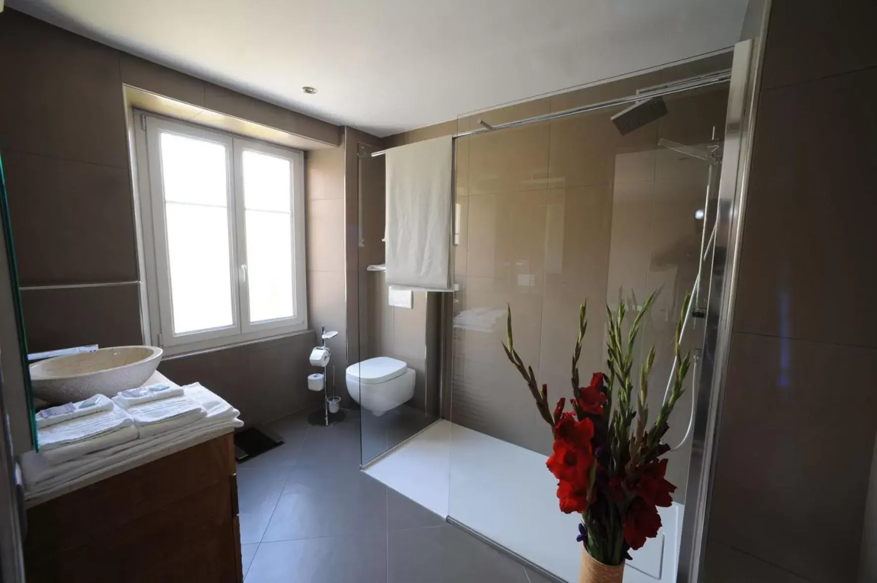 Shower, Bathroom in Chez Gilles hôtel resto bar SA