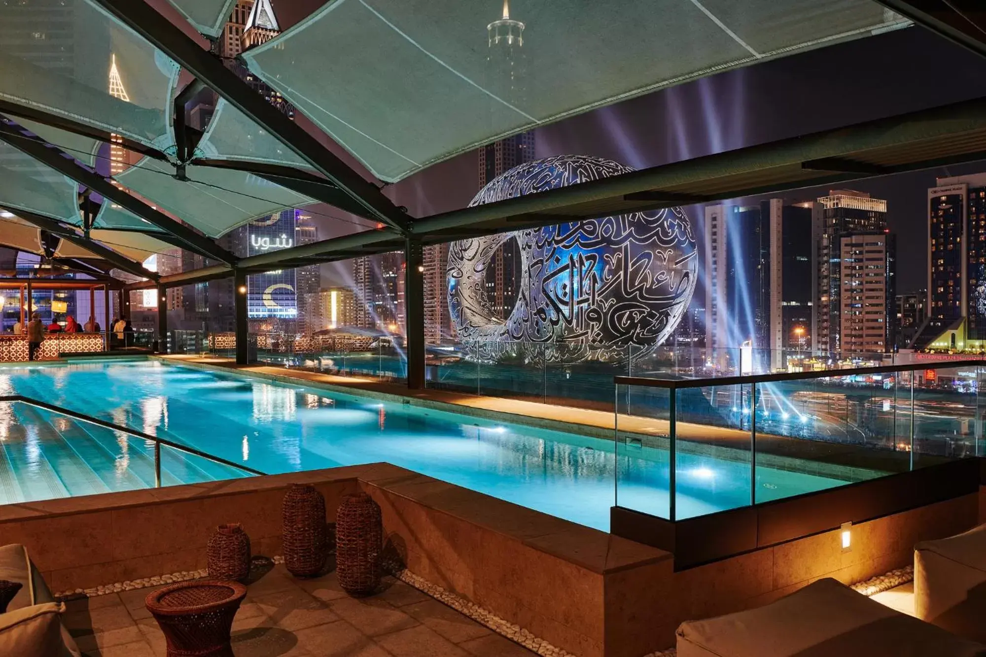 Night, Swimming Pool in 25hours Hotel Dubai One Central