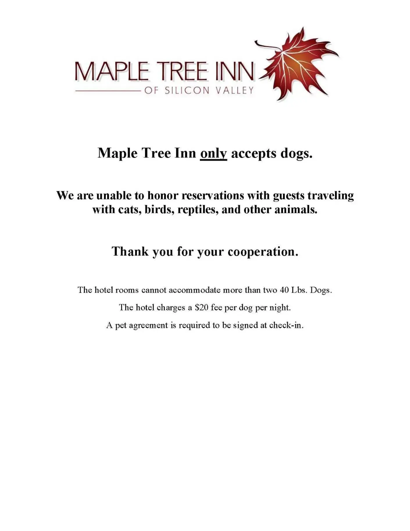 Pets in Maple Tree Inn