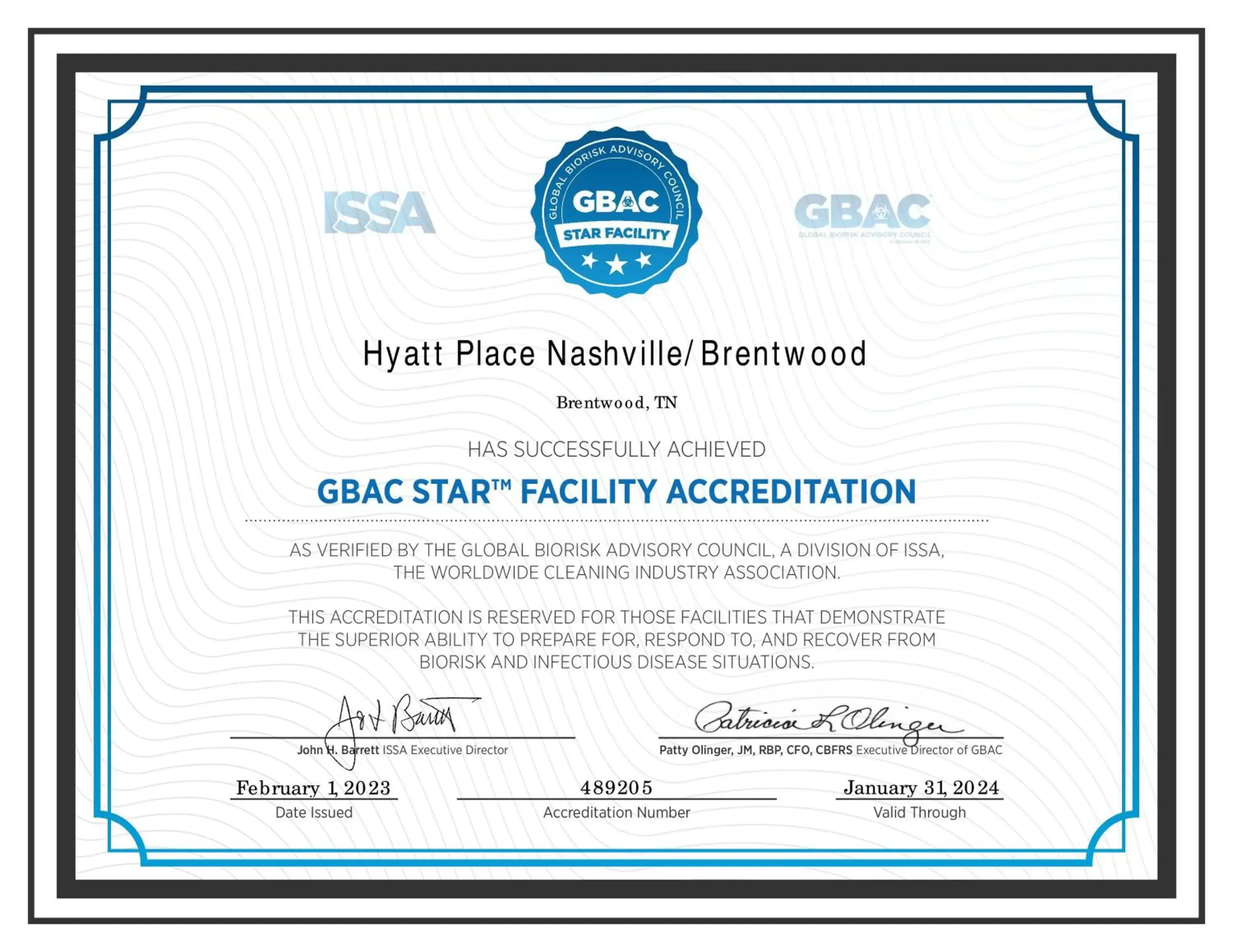 Certificate/Award in Hyatt Place Nashville Brentwood