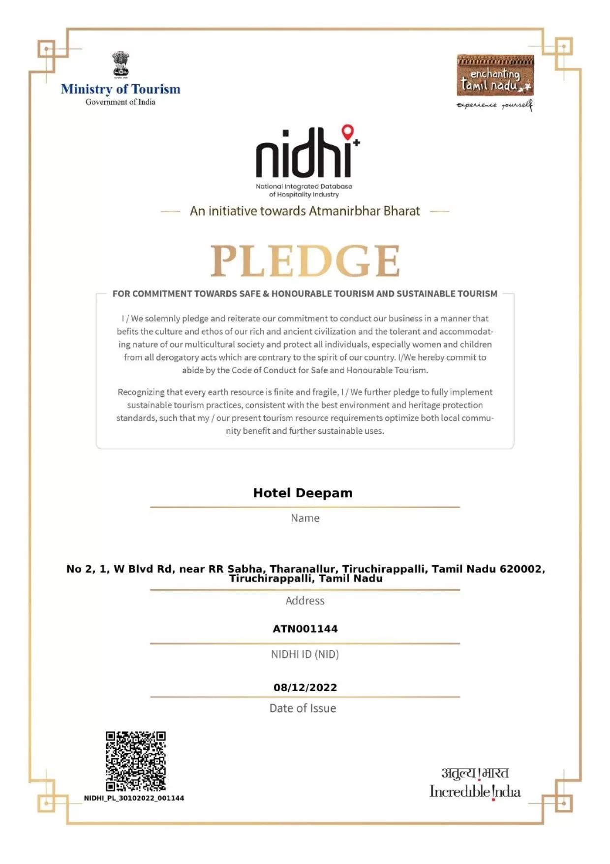 Certificate/Award in Hotel Deepam