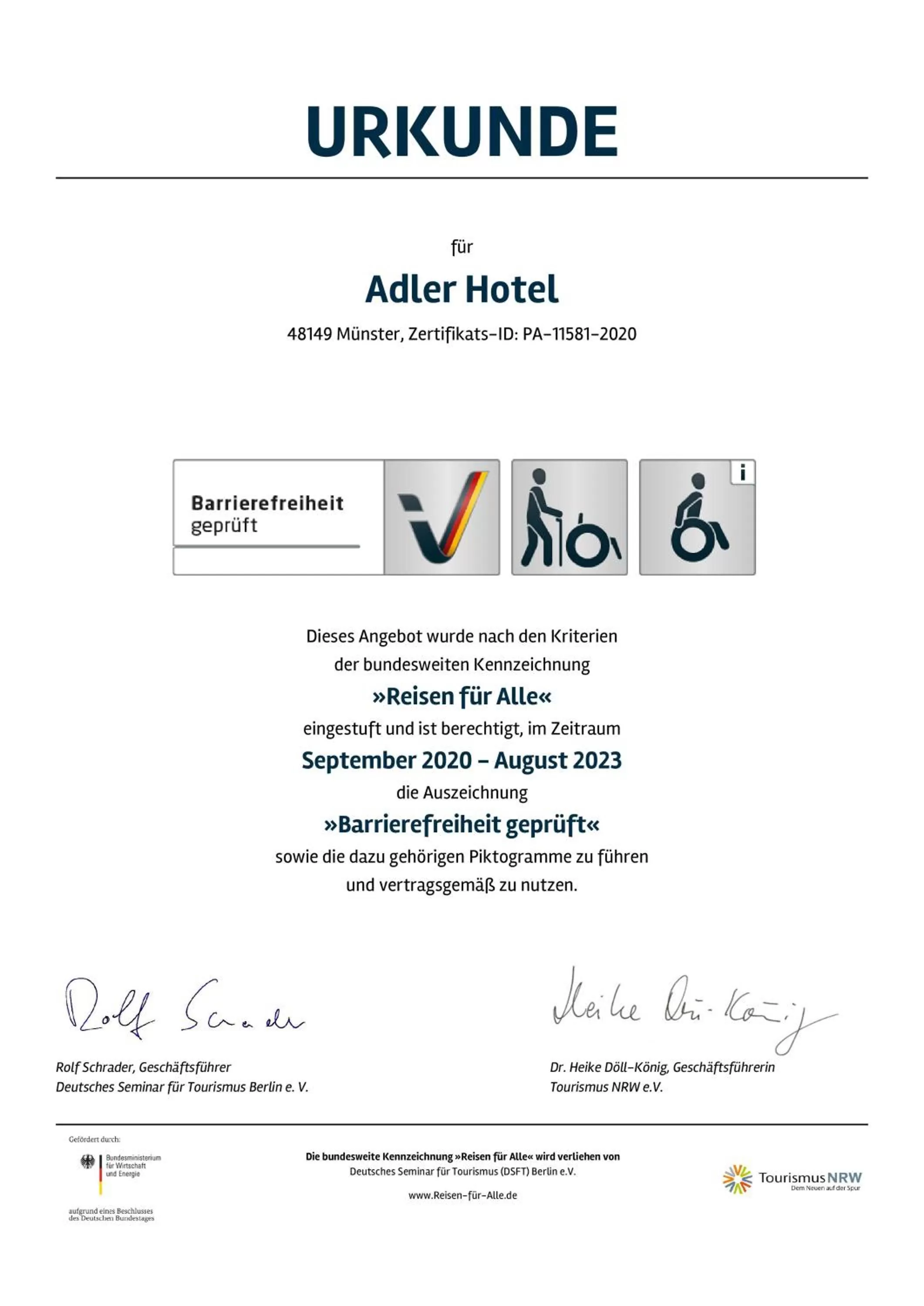 Certificate/Award in Hotel Adler Münster