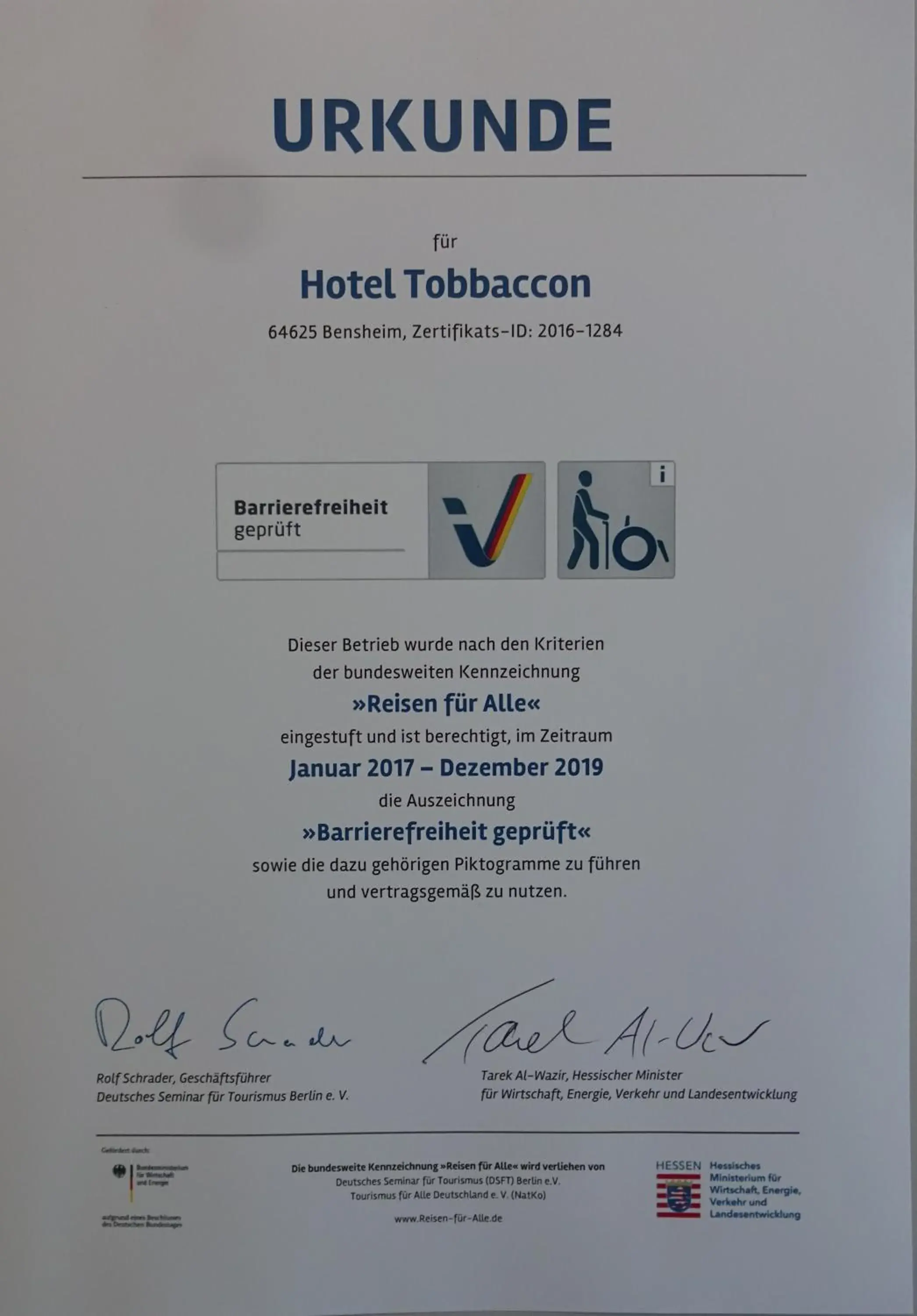 Certificate/Award in Tobbaccon Hotel