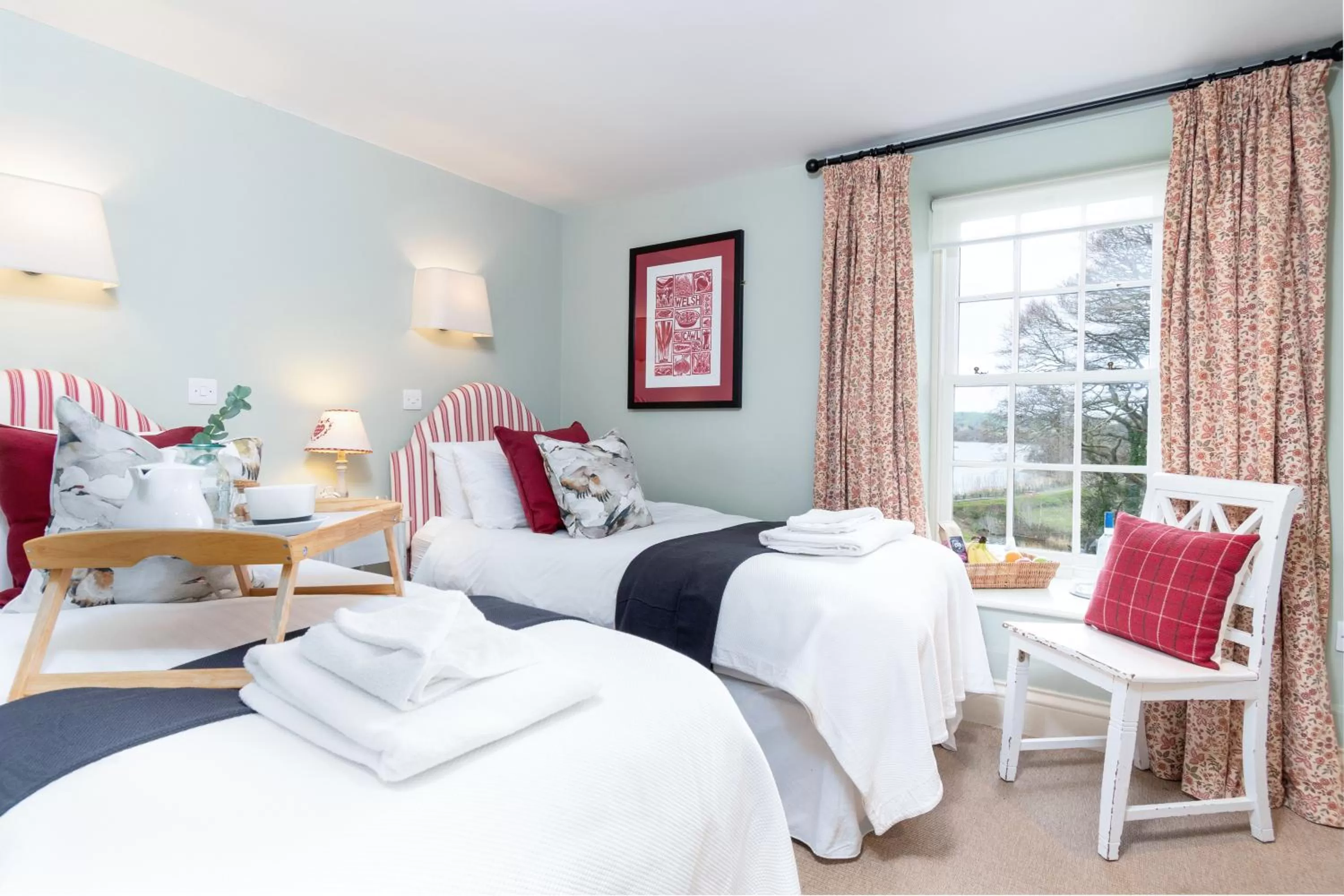 Photo of the whole room, Bed in The Farmhouse at Bodnant Welsh Food