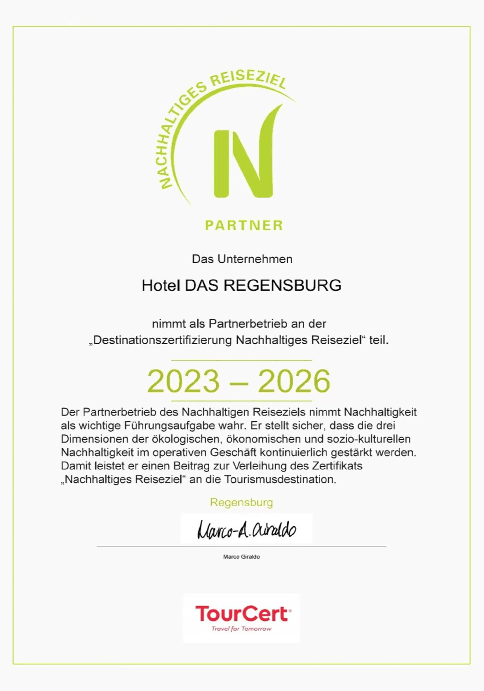 Certificate/Award in Hotel Das Regensburg