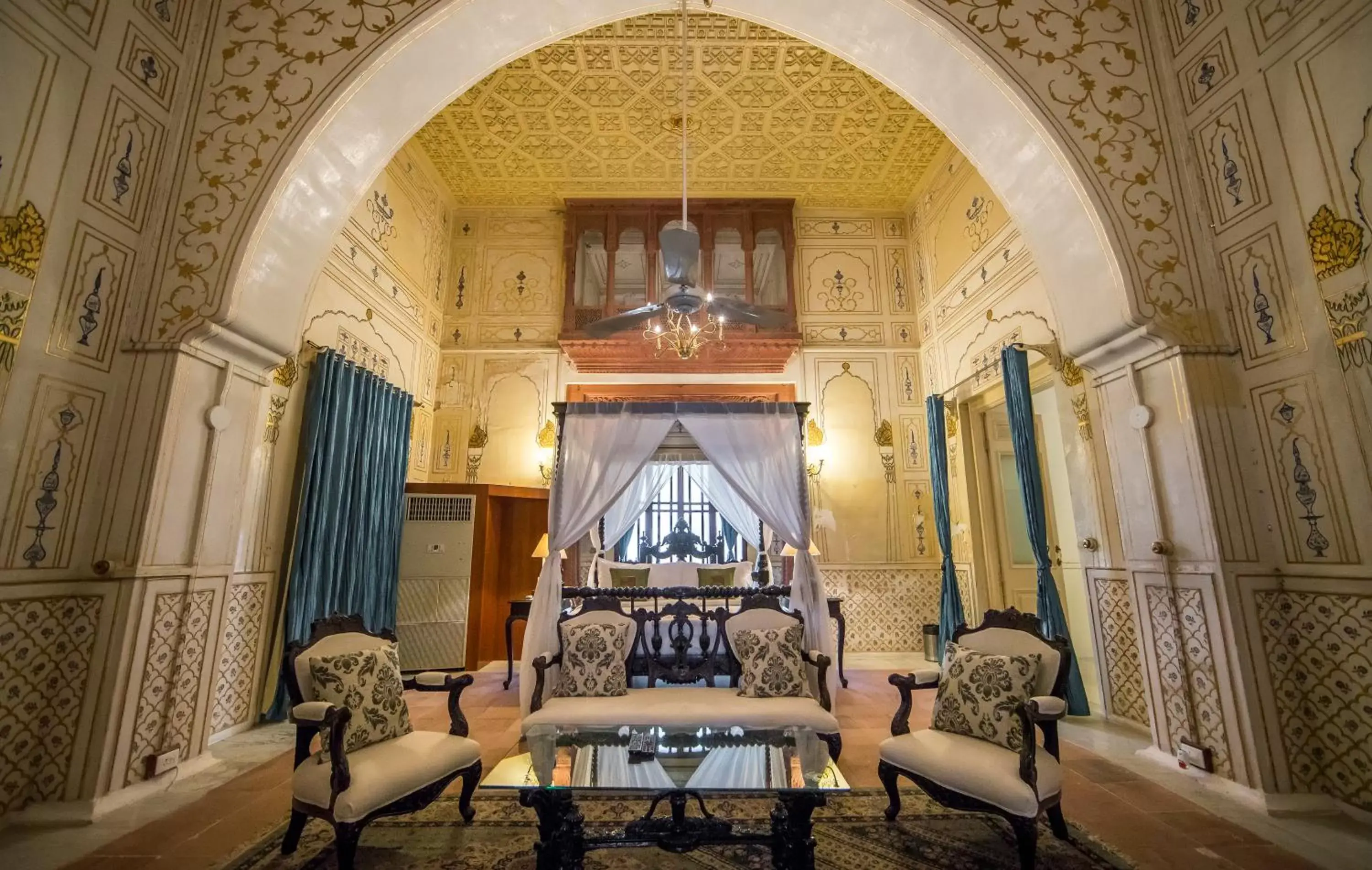 Bed, Seating Area in The Laxmi Niwas Palace