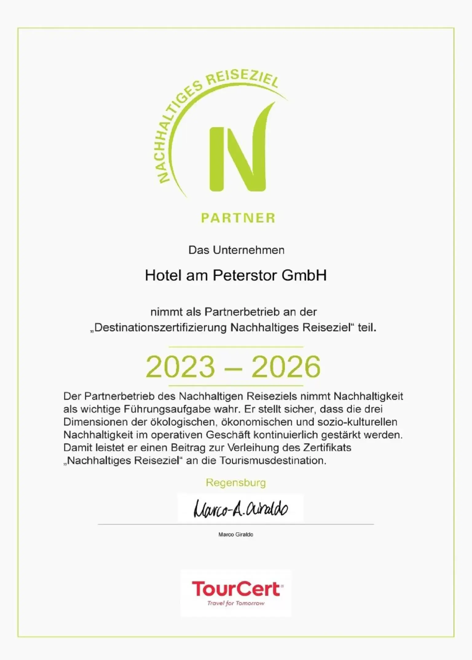 Certificate/Award in Hotel am Peterstor